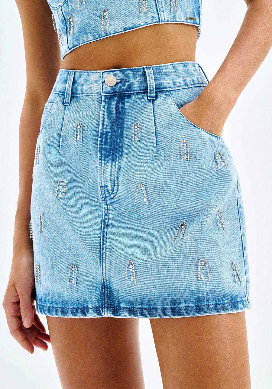 Saia Jeans Curta Cintura Alta com Strass, . Saia Jeans Curta Cintura Alta com Strass, , large.