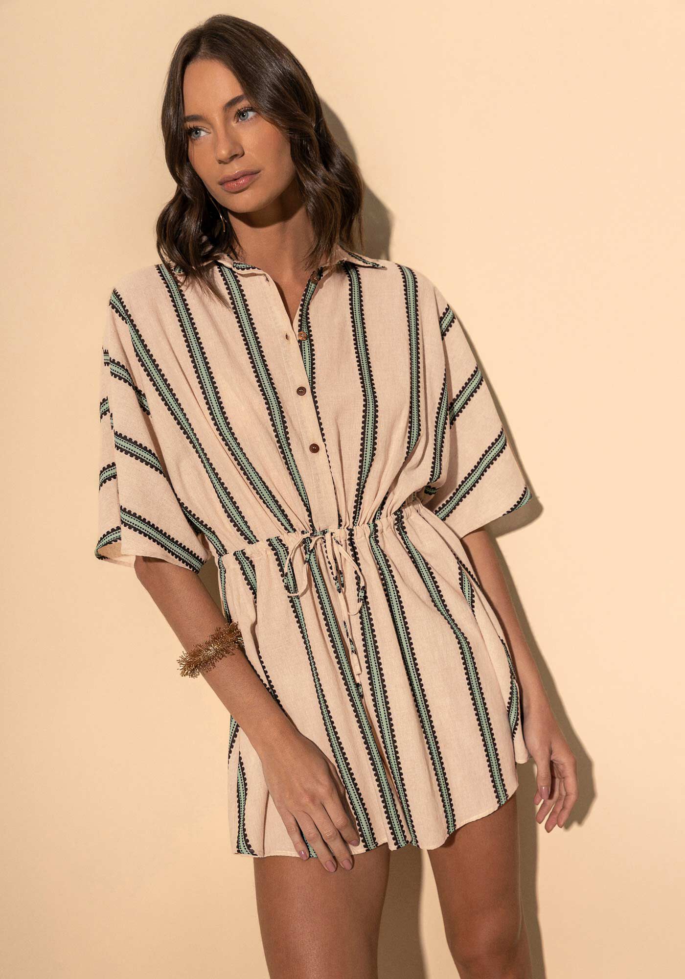 Macac&atilde;o Curto De Mangas Curtas Com Bot&otilde;es E Amarra&ccedil;&atilde;o, VERDE SABEDORIA, large.