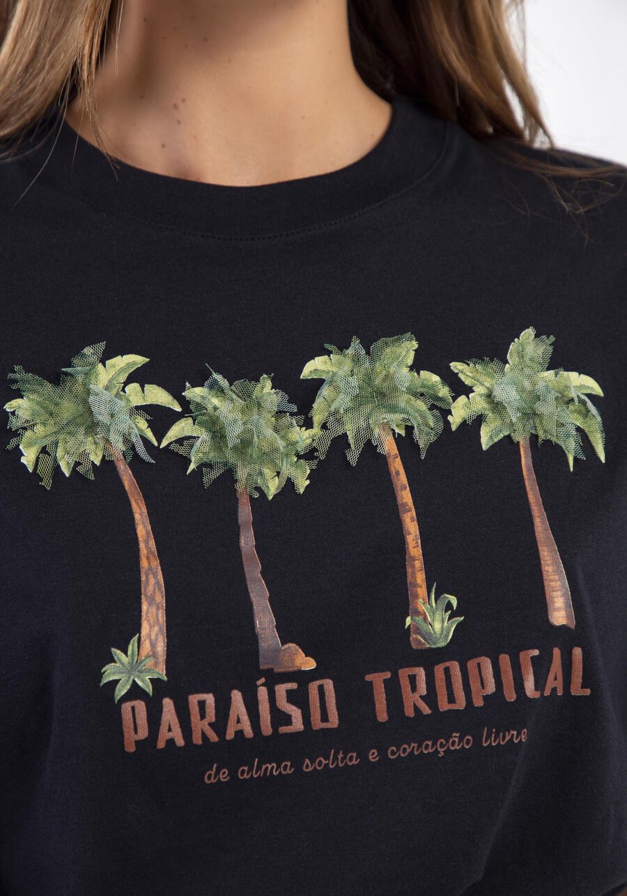 T-shirt Cropped Estampada com Elástico Barra, PRETO REATIVO, large.