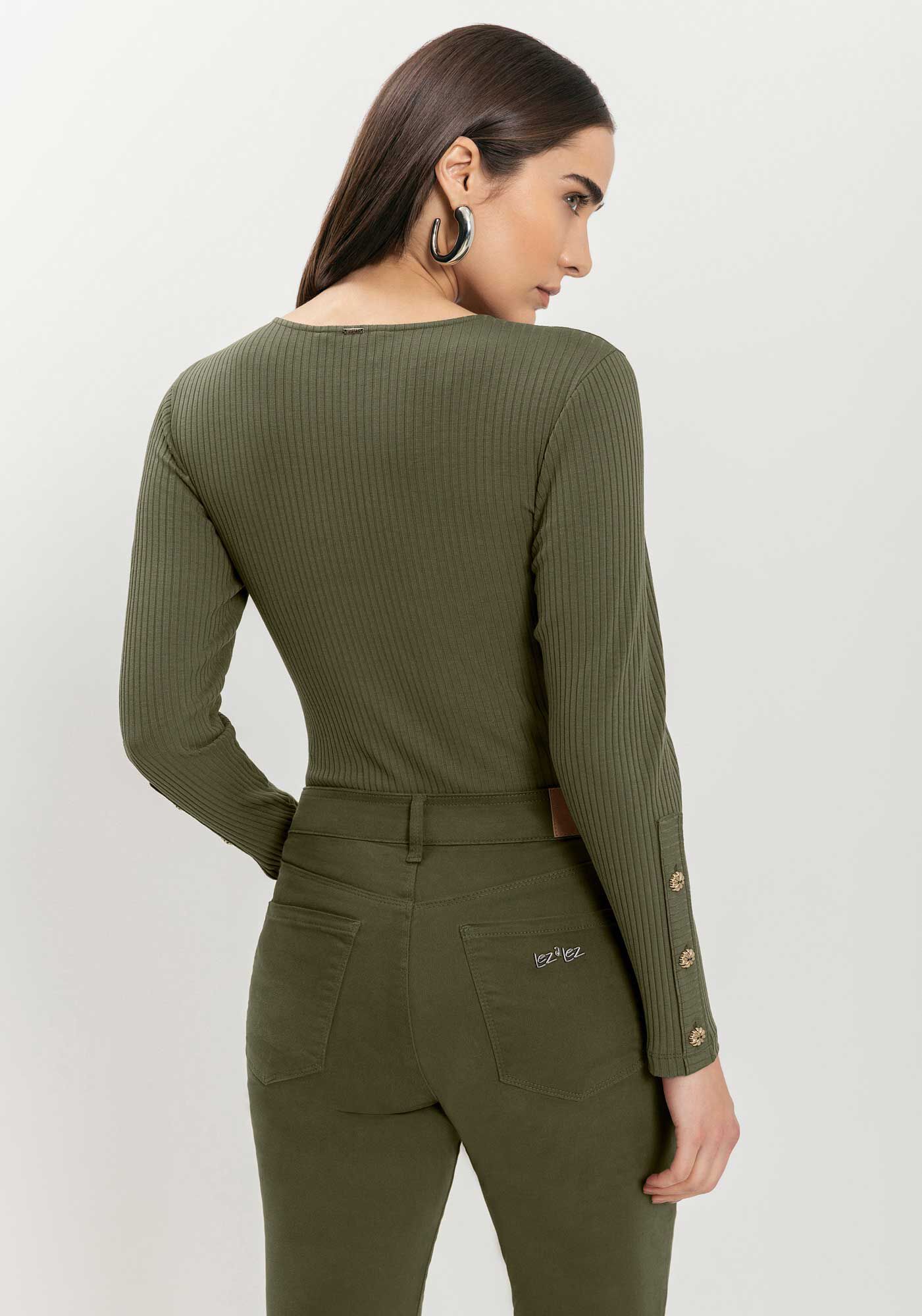 Body Justo Canelado Com Mangas Longas E Bot&otilde;es, VERDE AZEITONA, large.