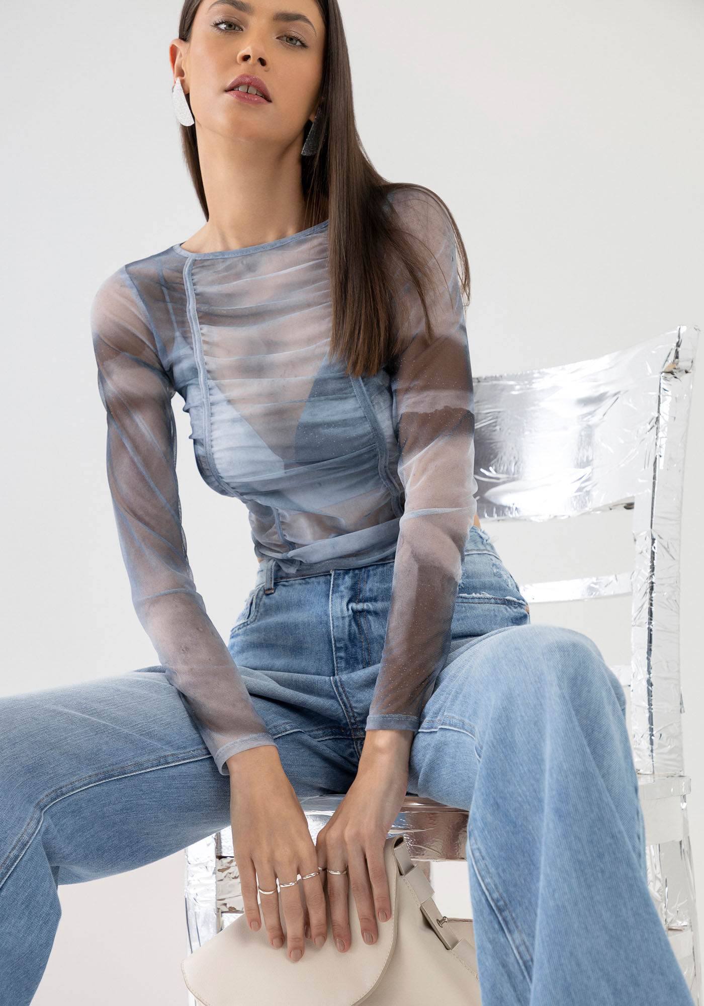 Blusa de tule com saia jeans 2025