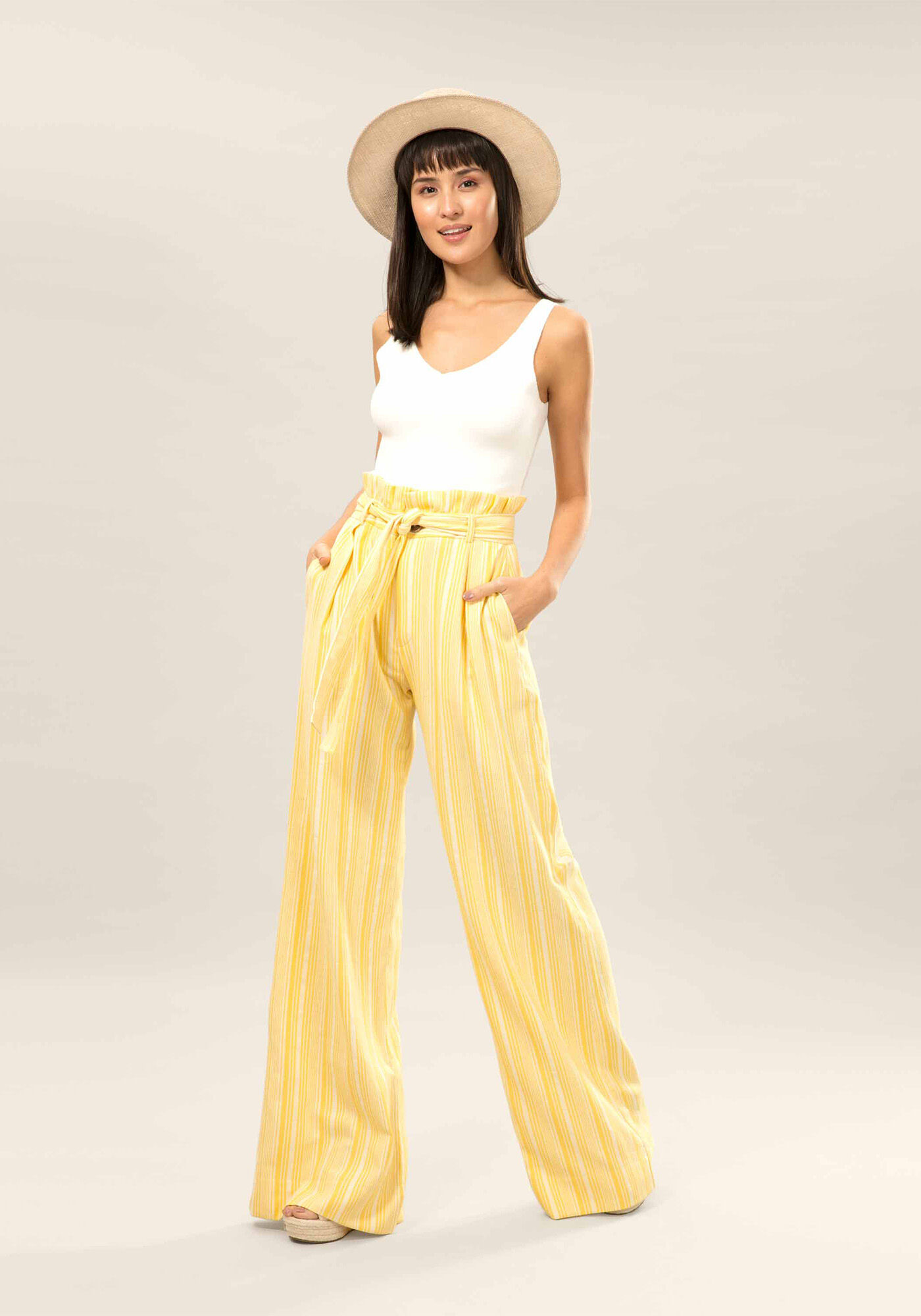 Cal&ccedil;a Pantalona Listrada Cinto Amarelo Caramelo, , large.