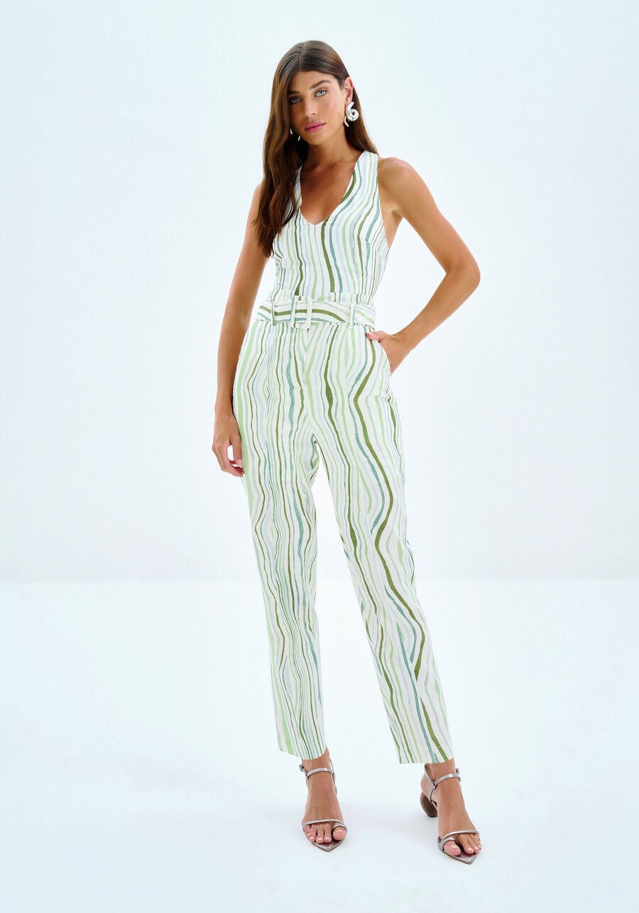 Calça Reta em Linho Estampada com Cinto, BREEZE. Calça Reta em Linho Estampada com Cinto, BREEZE, large.
