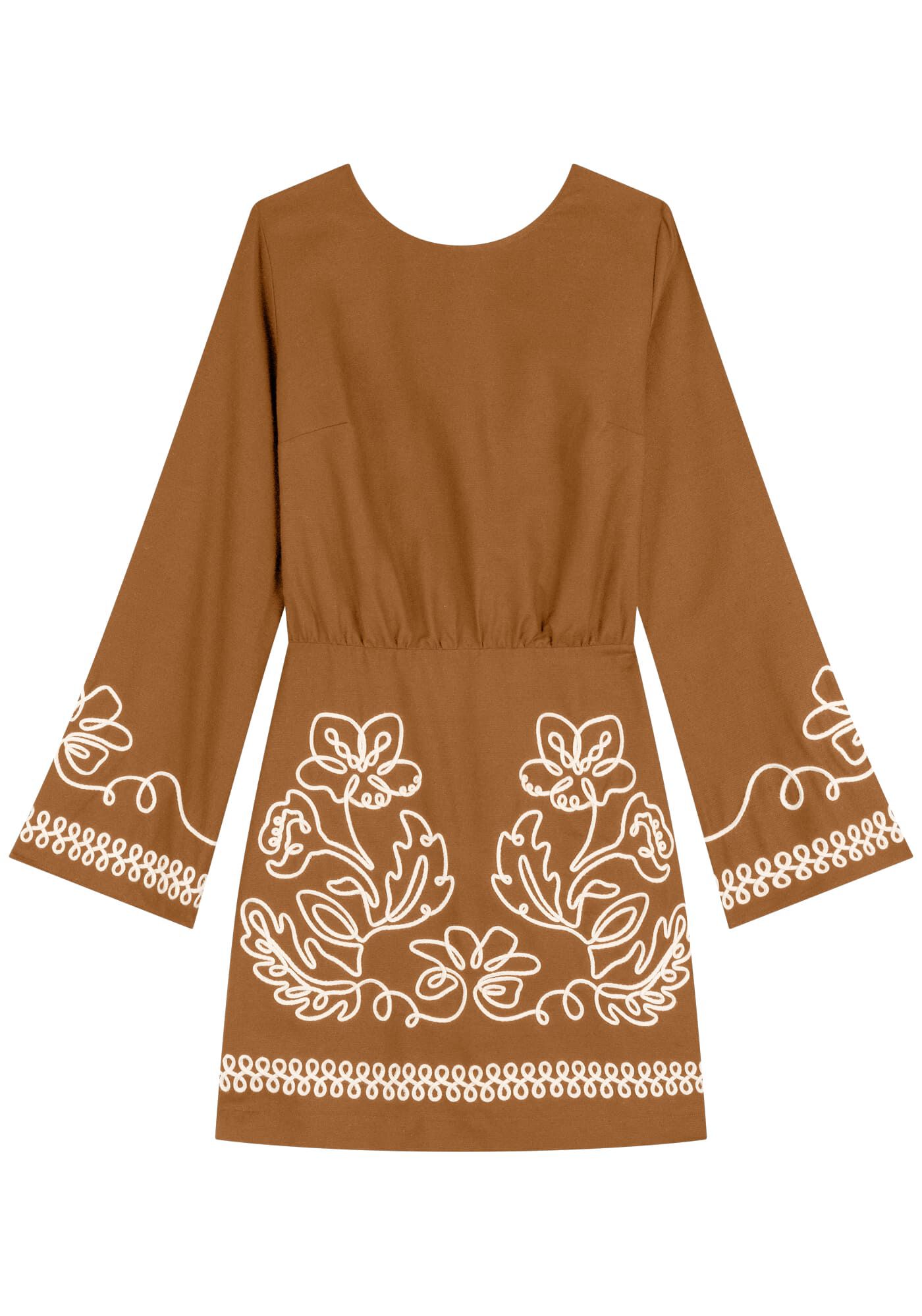 Vestido Curto De Mangas Longas Com Bordados Em Relevo, , large.