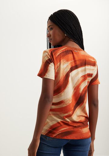 Blusa Estampada Com Mangas Curtas Em Malha De Viscose, ART LARANJA. Blusa Estampada Com Mangas Curtas Em Malha De Viscose, ART LARANJA, large.