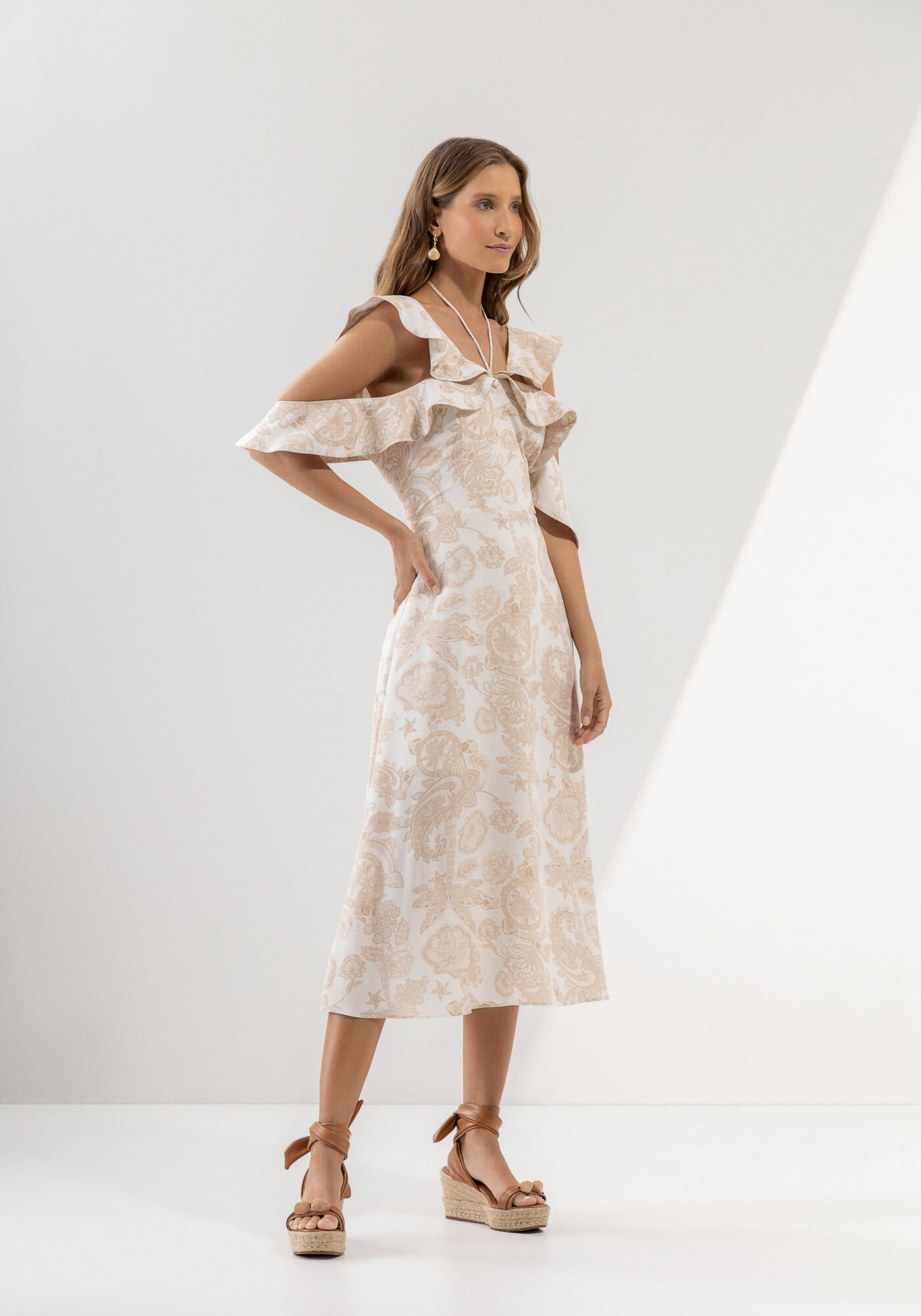 Vestido Midi em Viscose Estampado com Babados, , large.