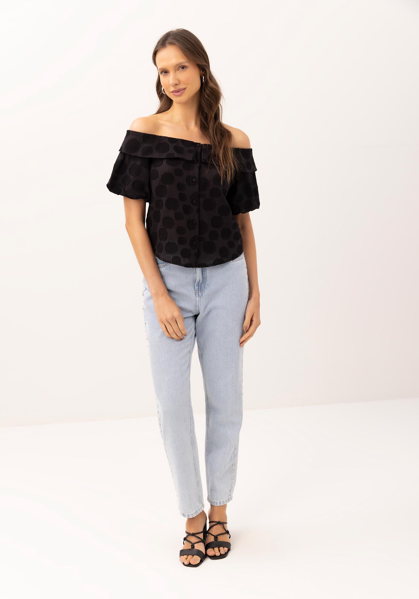 Blusa Ombro a Ombro em Cotton Po&aacute; com Babados, , large.