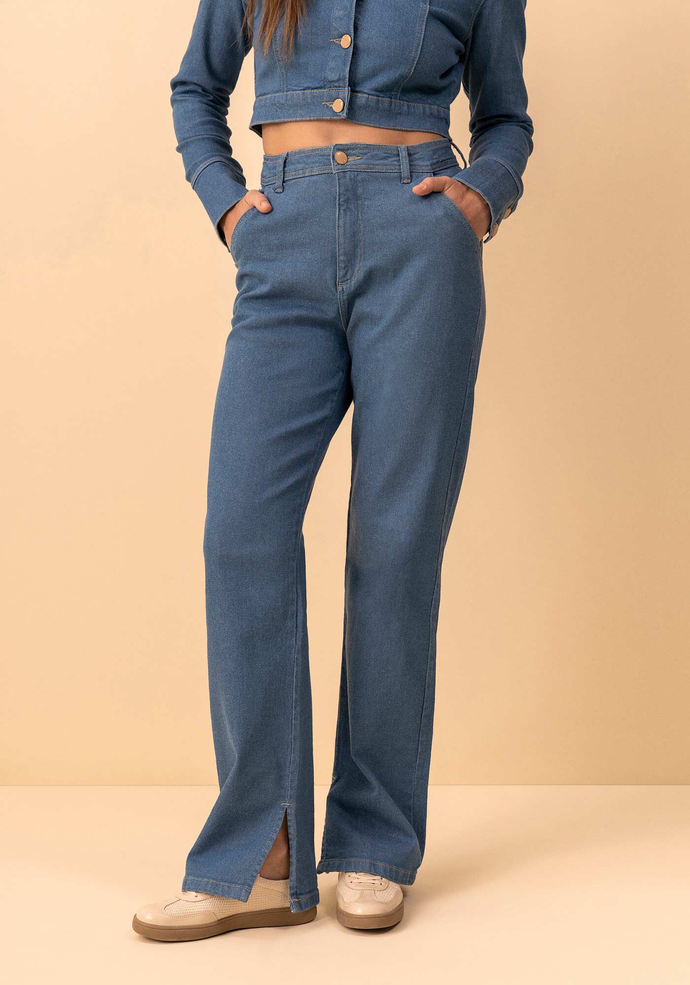 Cal&ccedil;a Jeans Reta Com Cintura Alta E Abertura Na Barra, JEANS, large.