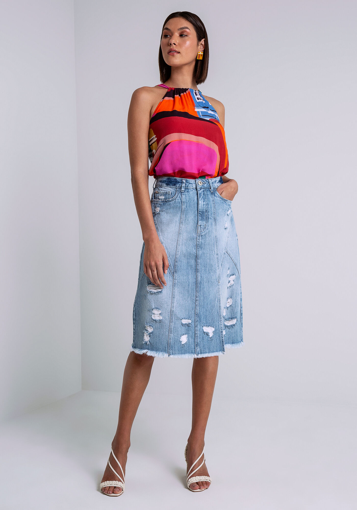 Blusa com Al&ccedil;as em Viscose Estampada, QUATRO CANTOS, large.