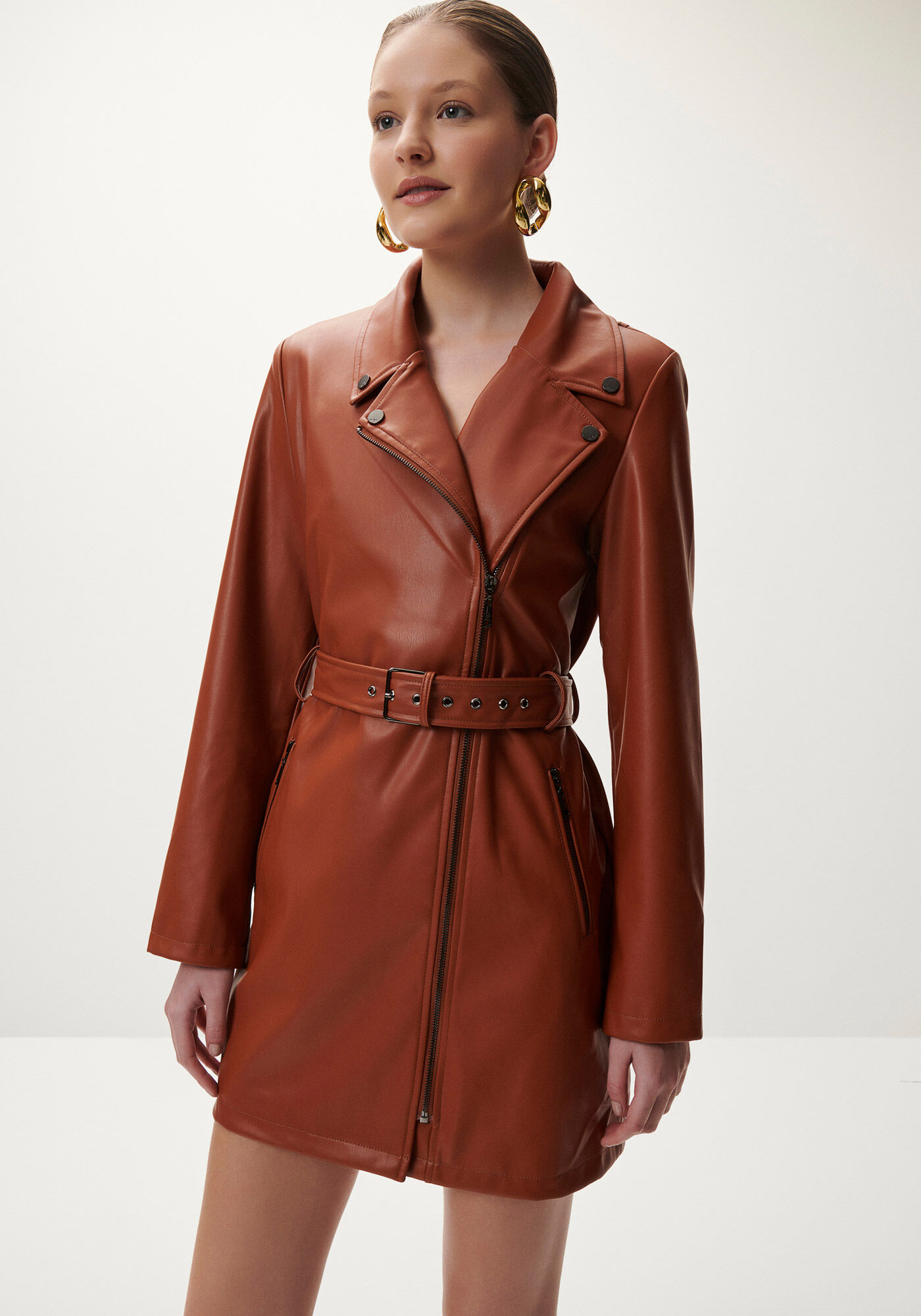 Sobretudo em PU com Cinto, CARAMELO, large.