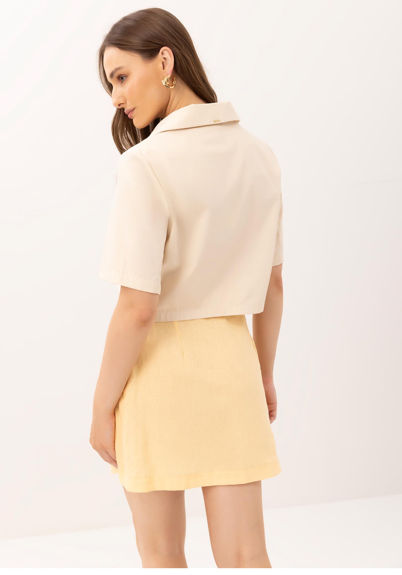 Blusa Cropped Alfaiataria em Cotton Sarjado com Manga Curta, , large.