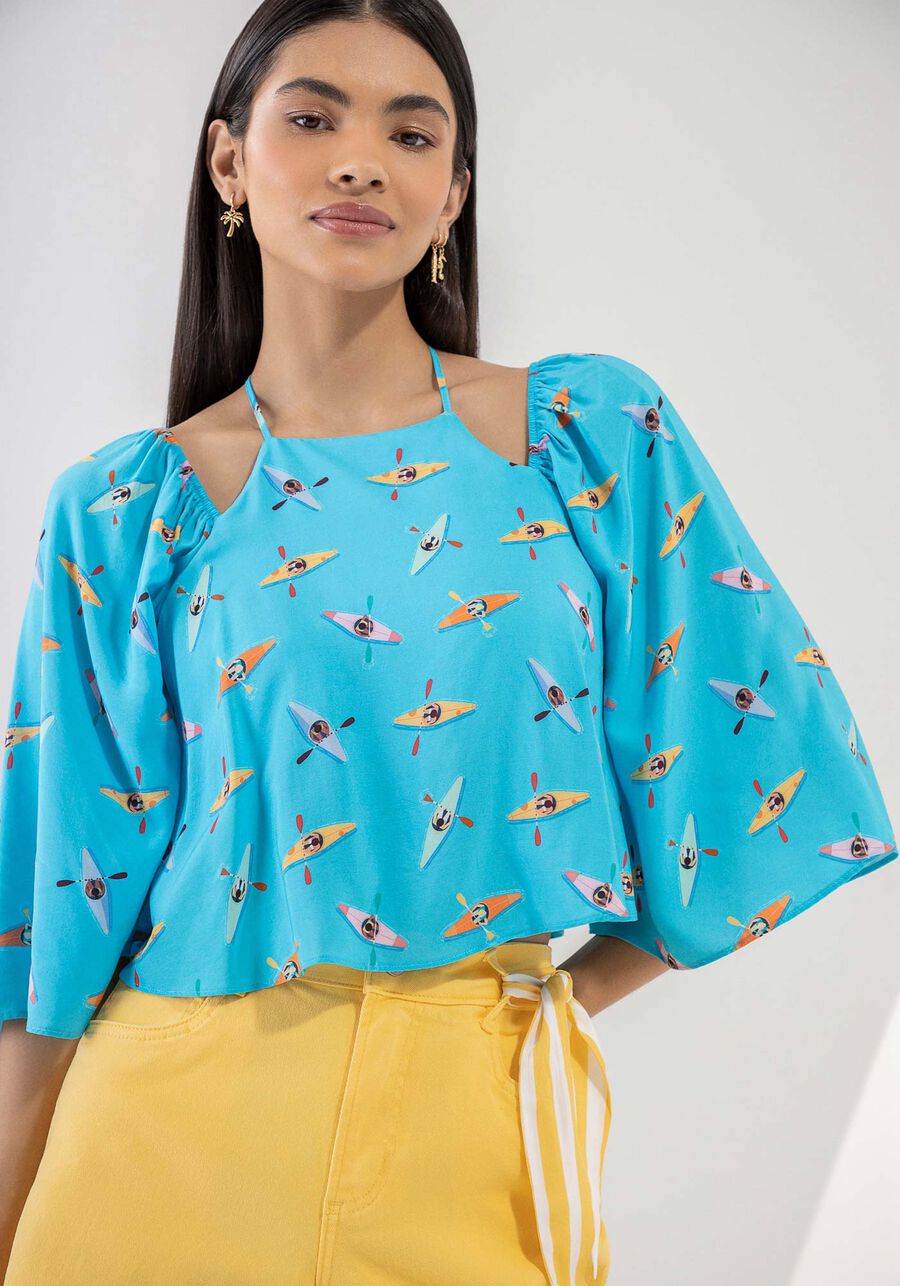 Blusa Ampla Estampada em Viscose com Manga Flare, . Blusa Ampla Estampada em Viscose com Manga Flare, , large.