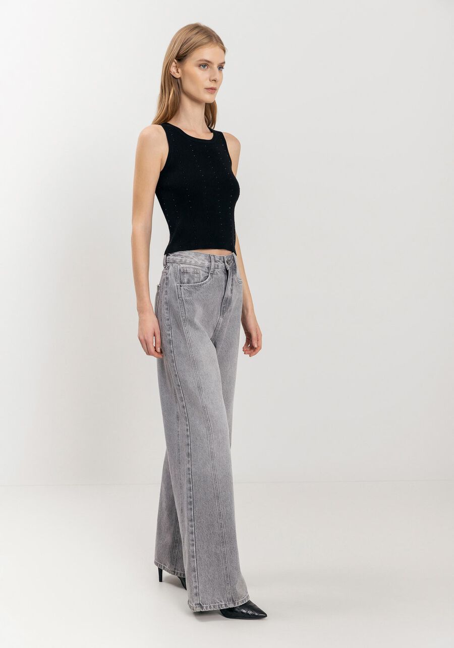Calça Wide Leg Jeans Com Cintura Alta E Recortes, CINZA. Calça Wide Leg Jeans Com Cintura Alta E Recortes, CINZA, large.