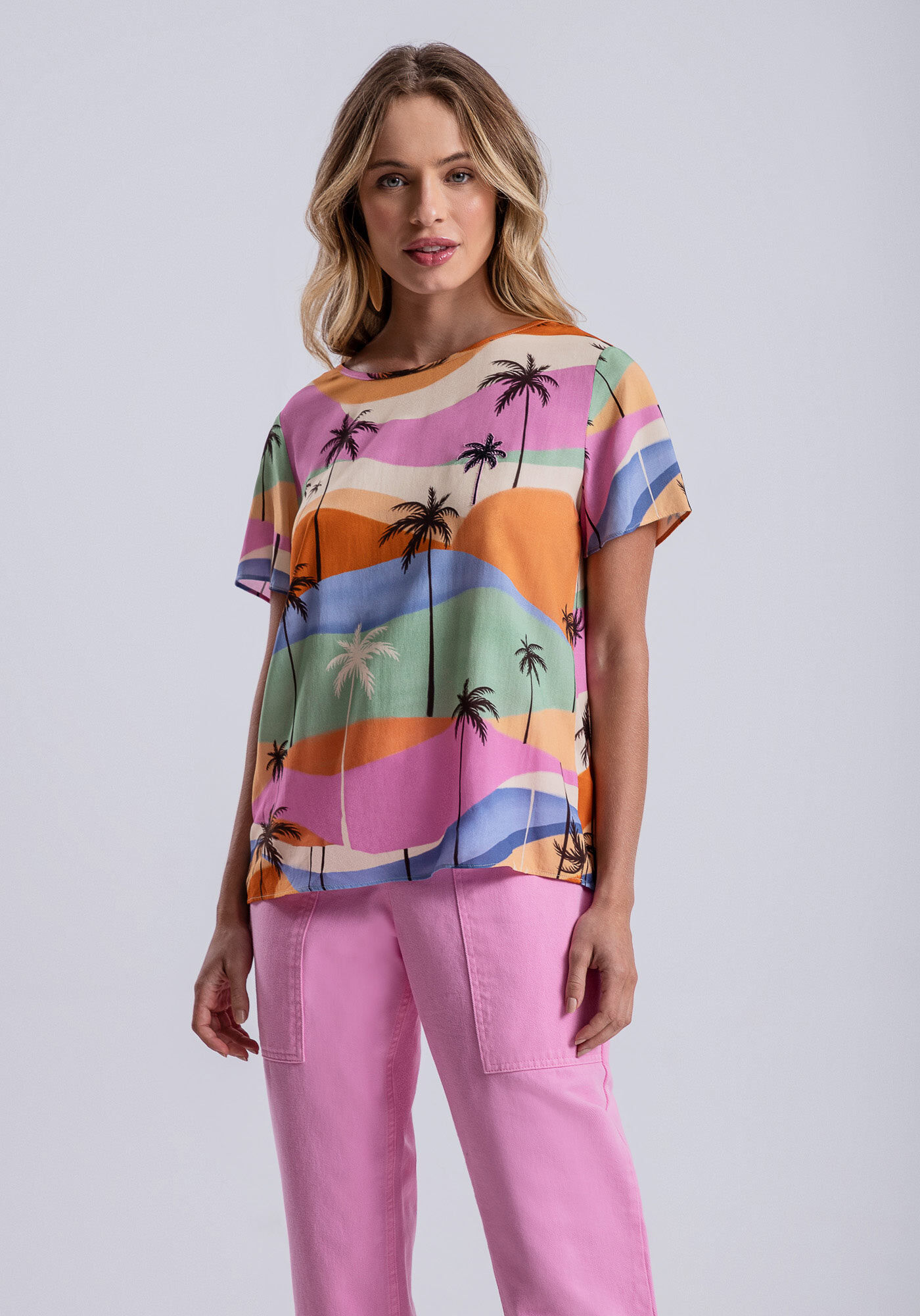 Blusa Manga Curta em Viscose Estampada, VENTO, large.