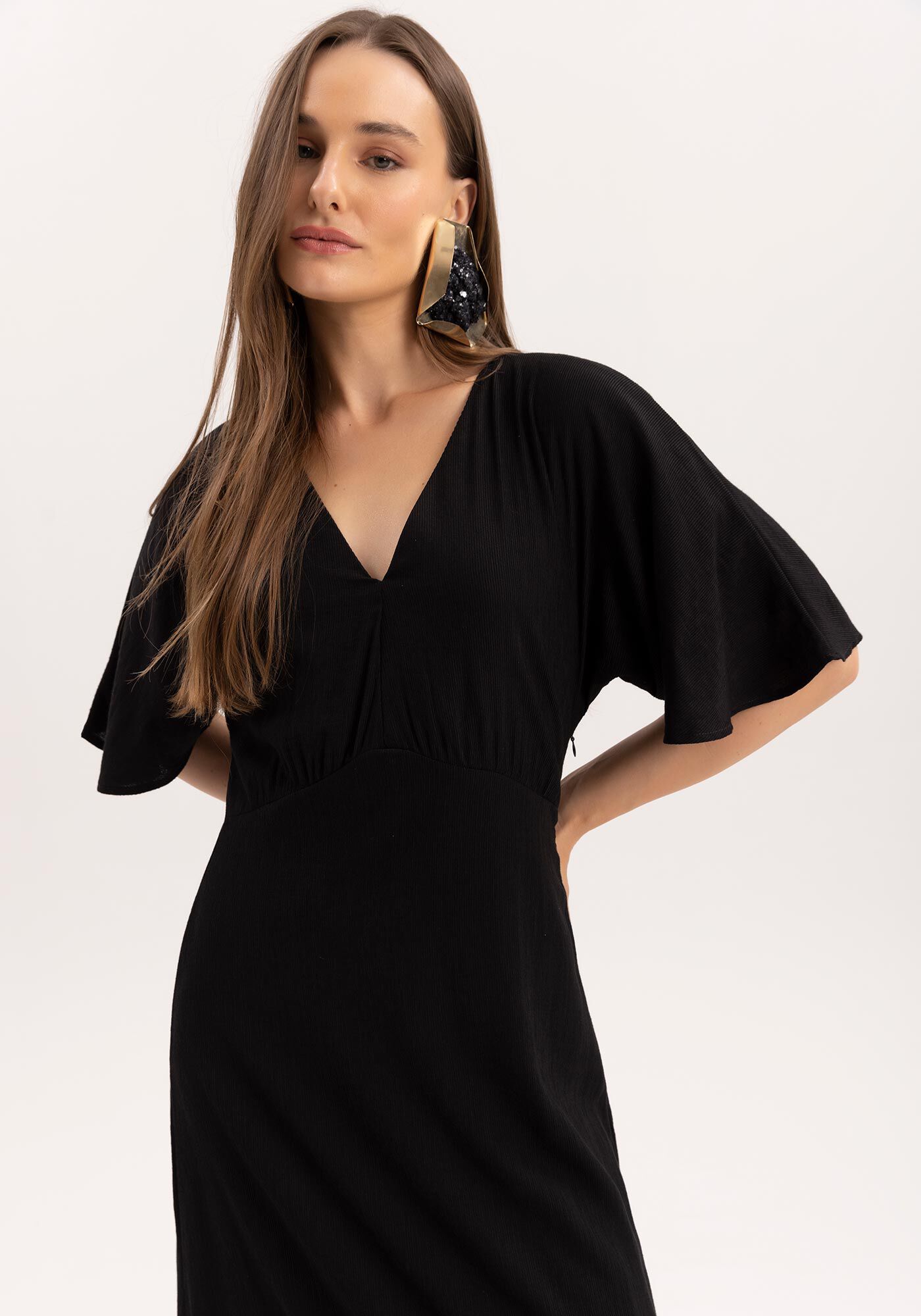 Vestido Longo em Viscose Texturizada com Manga Flare, PRETO REATIVO, large.