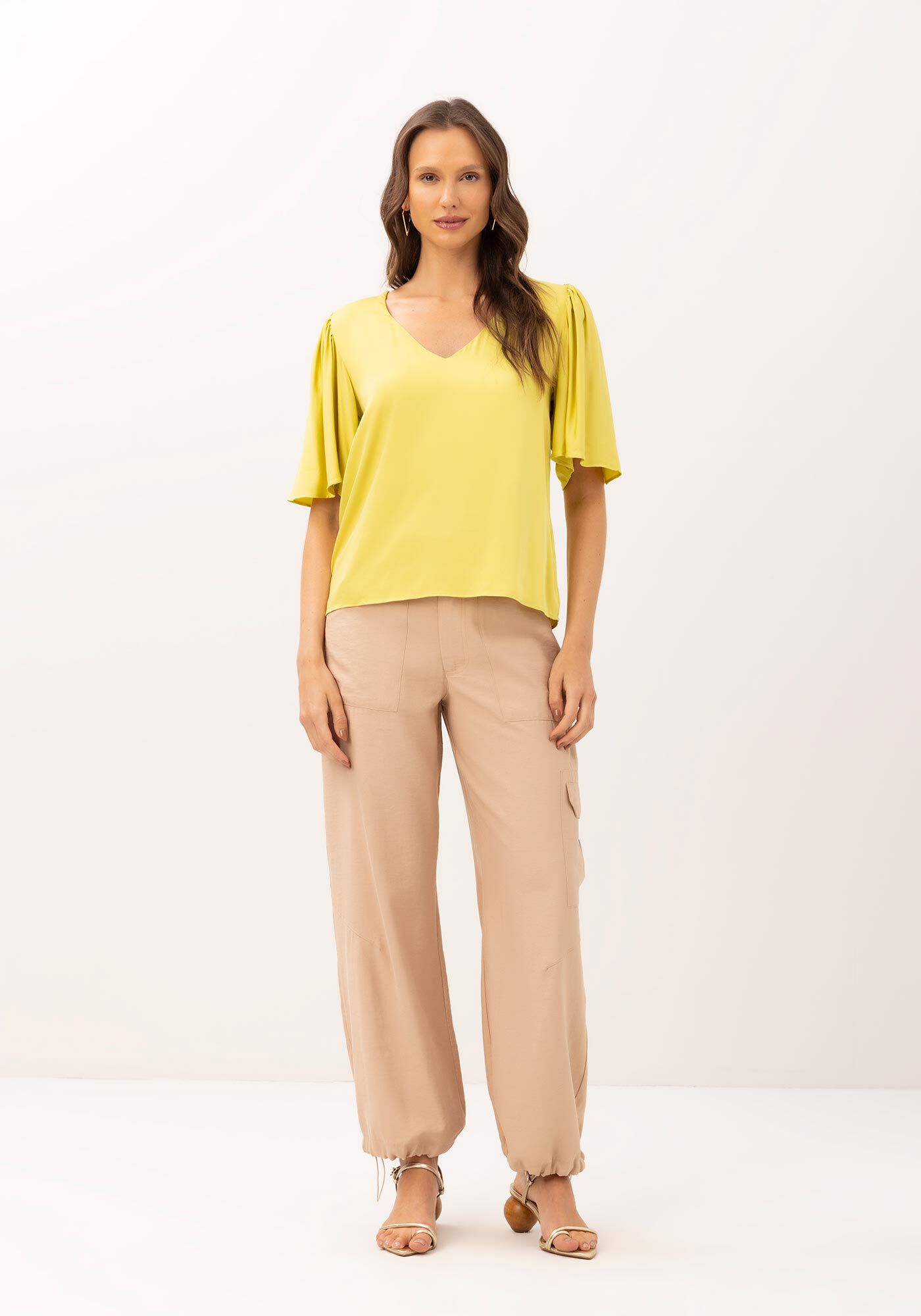 Blusa Manga Flare Ampla com Decote V, VERDE PING, large.