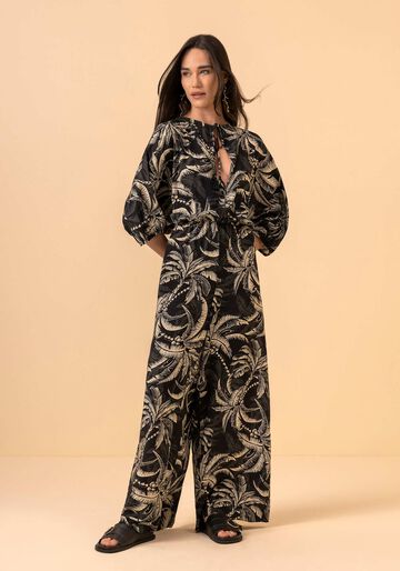 Macacão Longo Estampado Com Mangas 3/4 E Amarração, COQUEIRO PRETO. Macacão Longo Estampado Com Mangas 3/4 E Amarração, COQUEIRO PRETO, large.