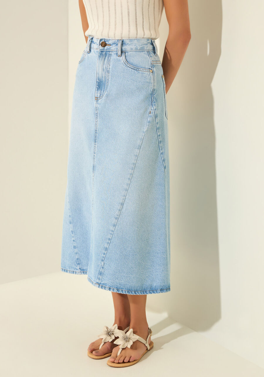 Saia Jeans Midi Com Cintura Média E Fenda, JEANS. Saia Jeans Midi Com Cintura Média E Fenda, JEANS, large.