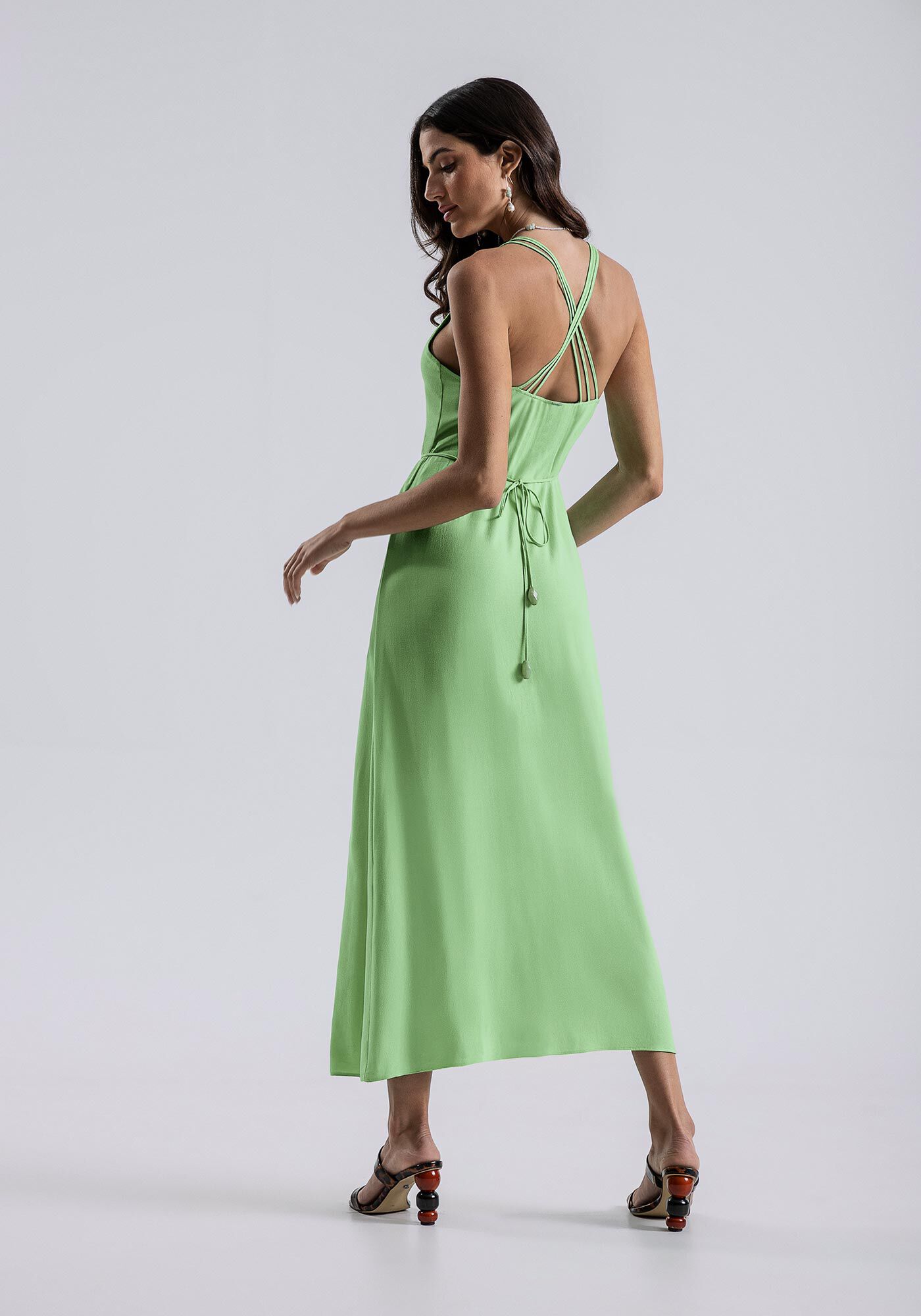 Vestido com Al&ccedil;as Midi Crepe com Pregas, VERDE PORTULACA, large.