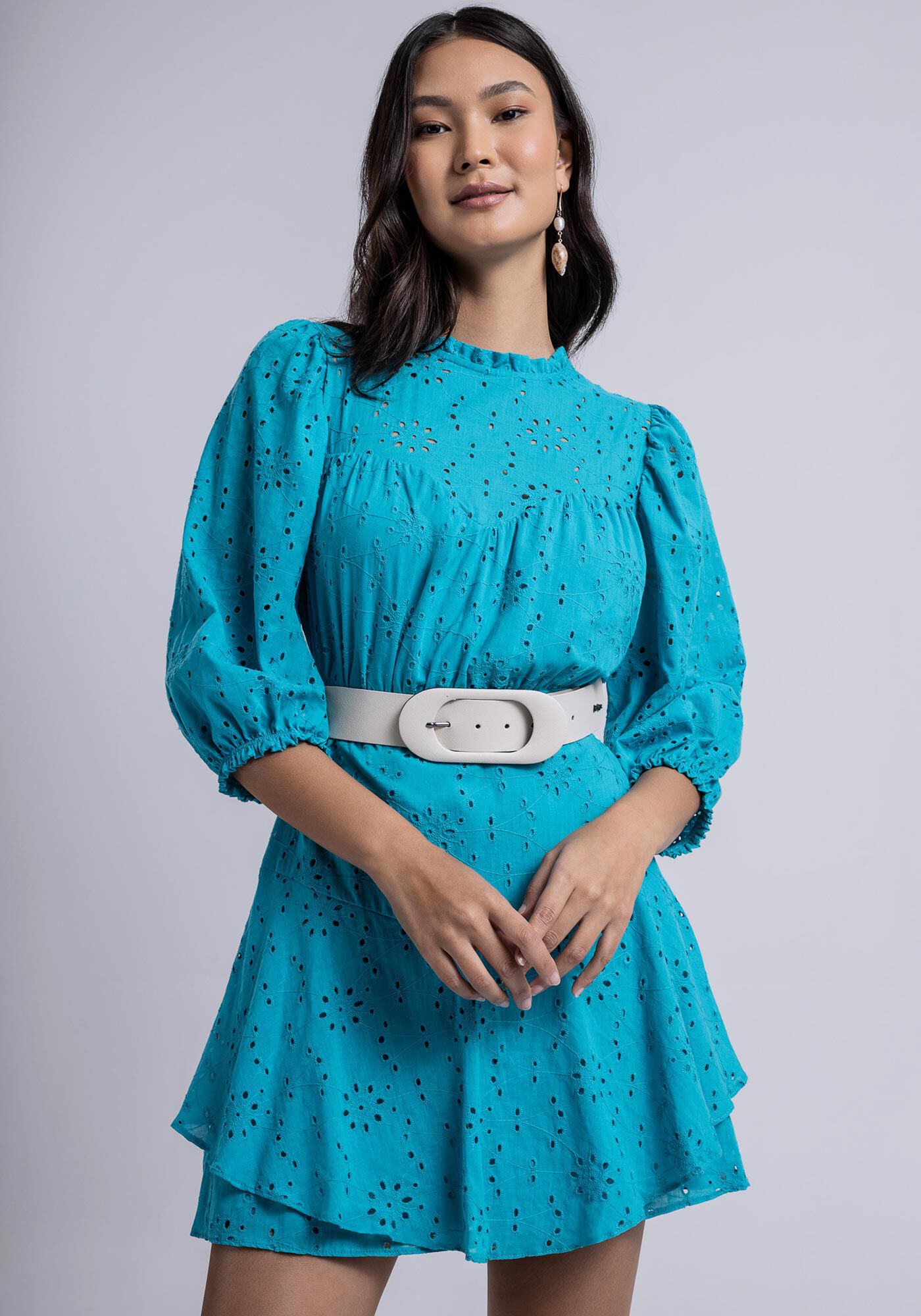 Vestido Curto em Laise com Babados, , large.