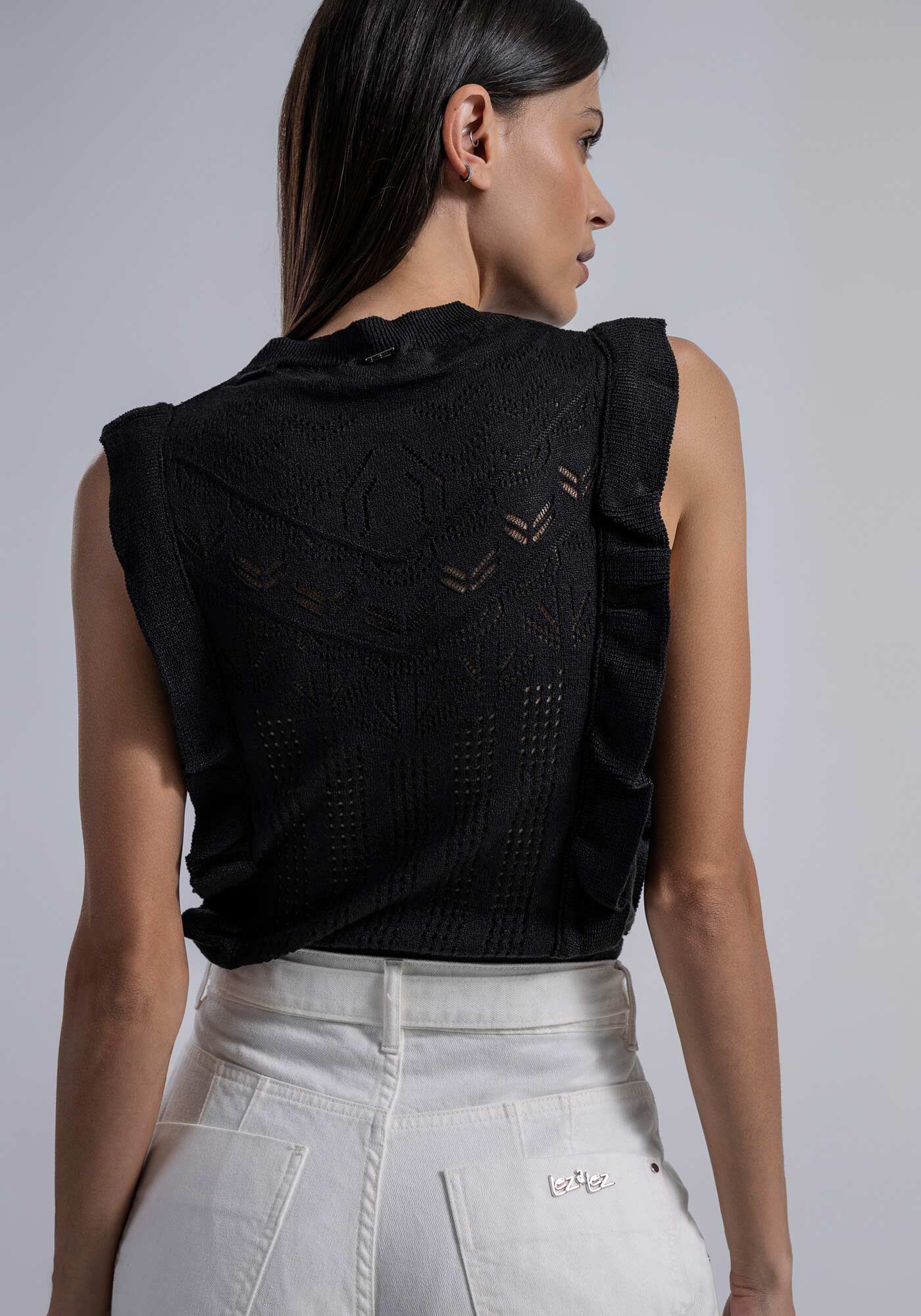 Blusa sem Mangas em Tric&ocirc; com Babados, , large.