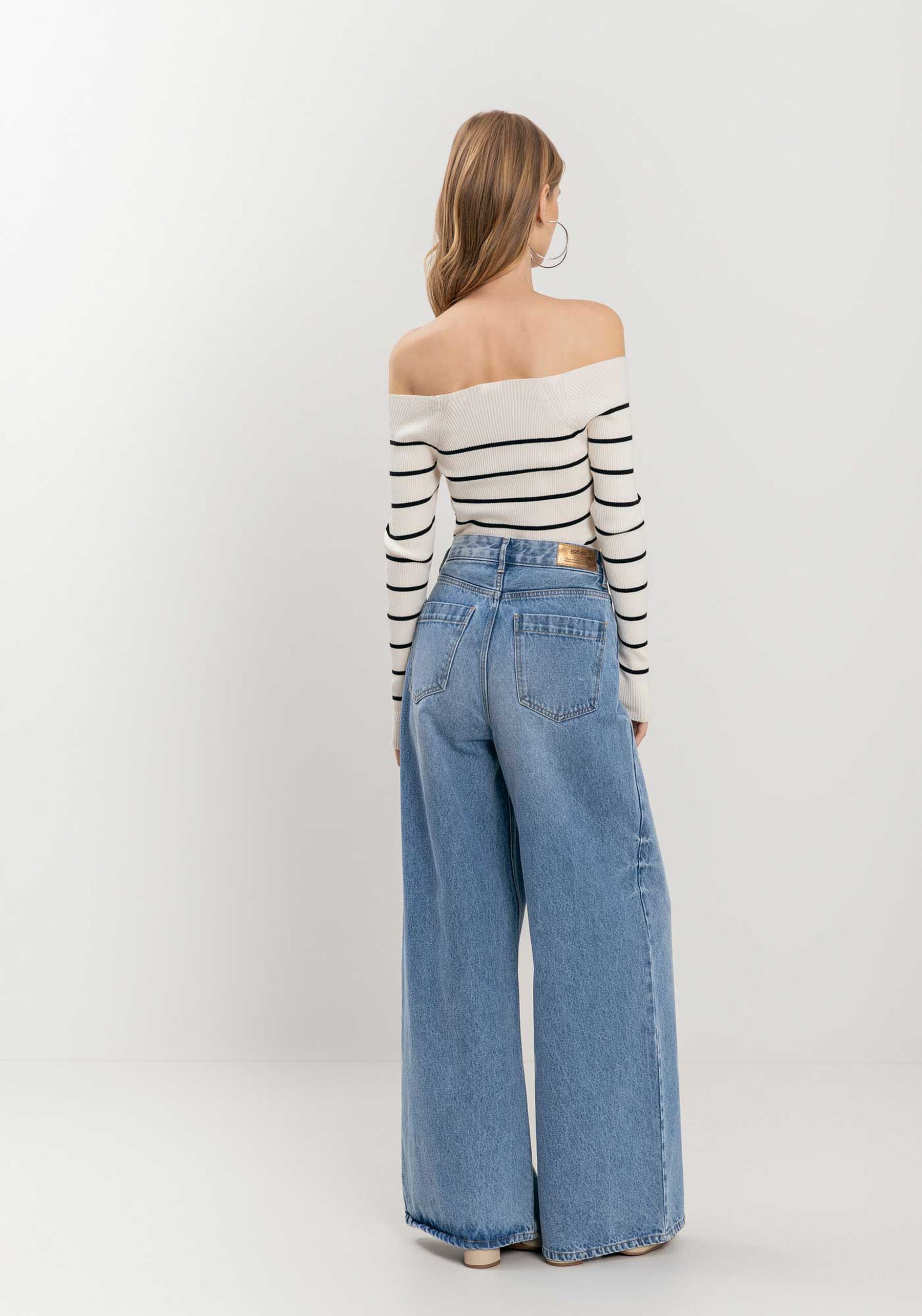 Calça Jeans Super Wide Leg Com Cintura Alta E Bolsos, JEANS. Calça Jeans Super Wide Leg Com Cintura Alta E Bolsos, JEANS, large.