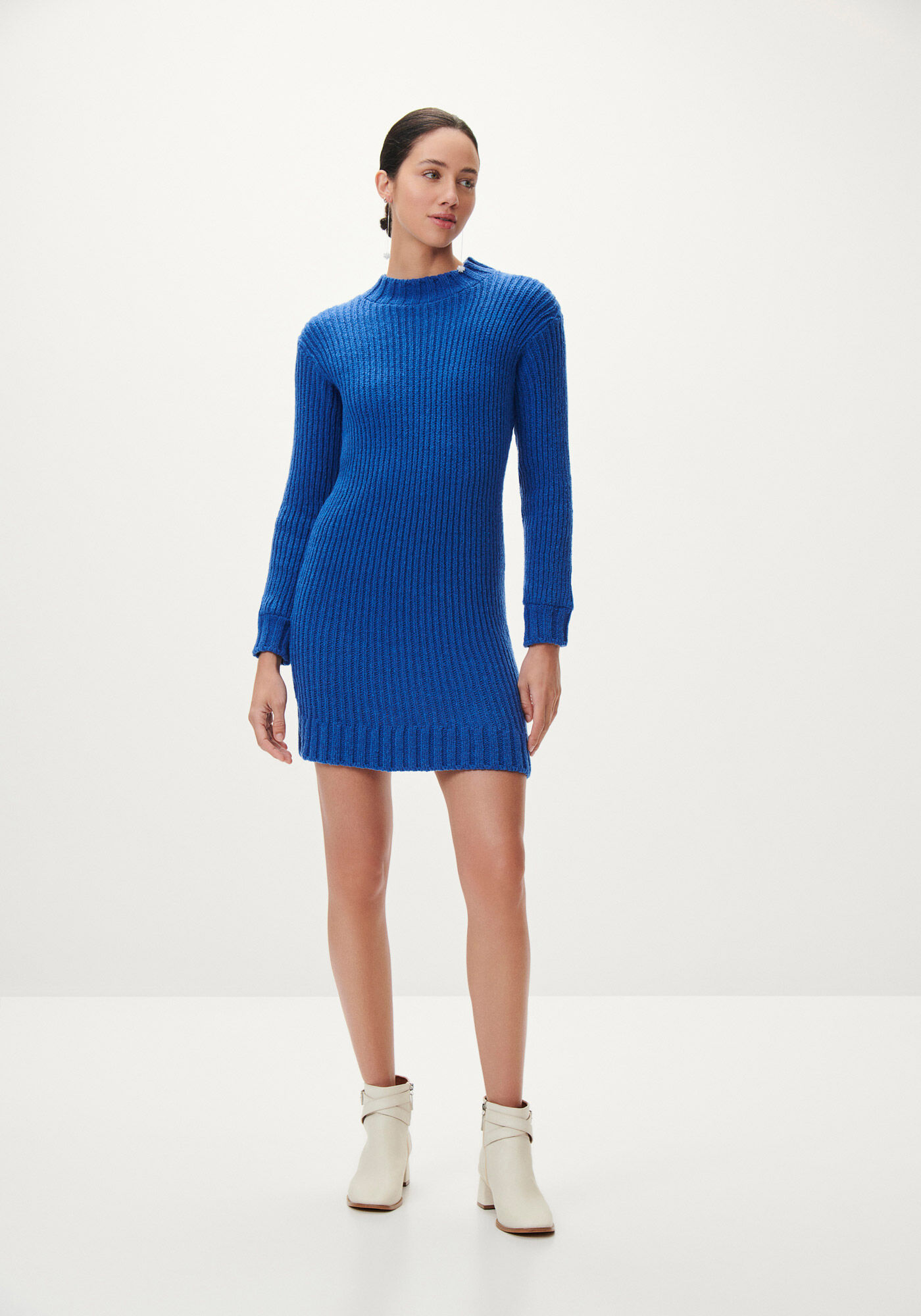 Vestido Curto Manga Longa em Tric&ocirc; Canelado, , large.