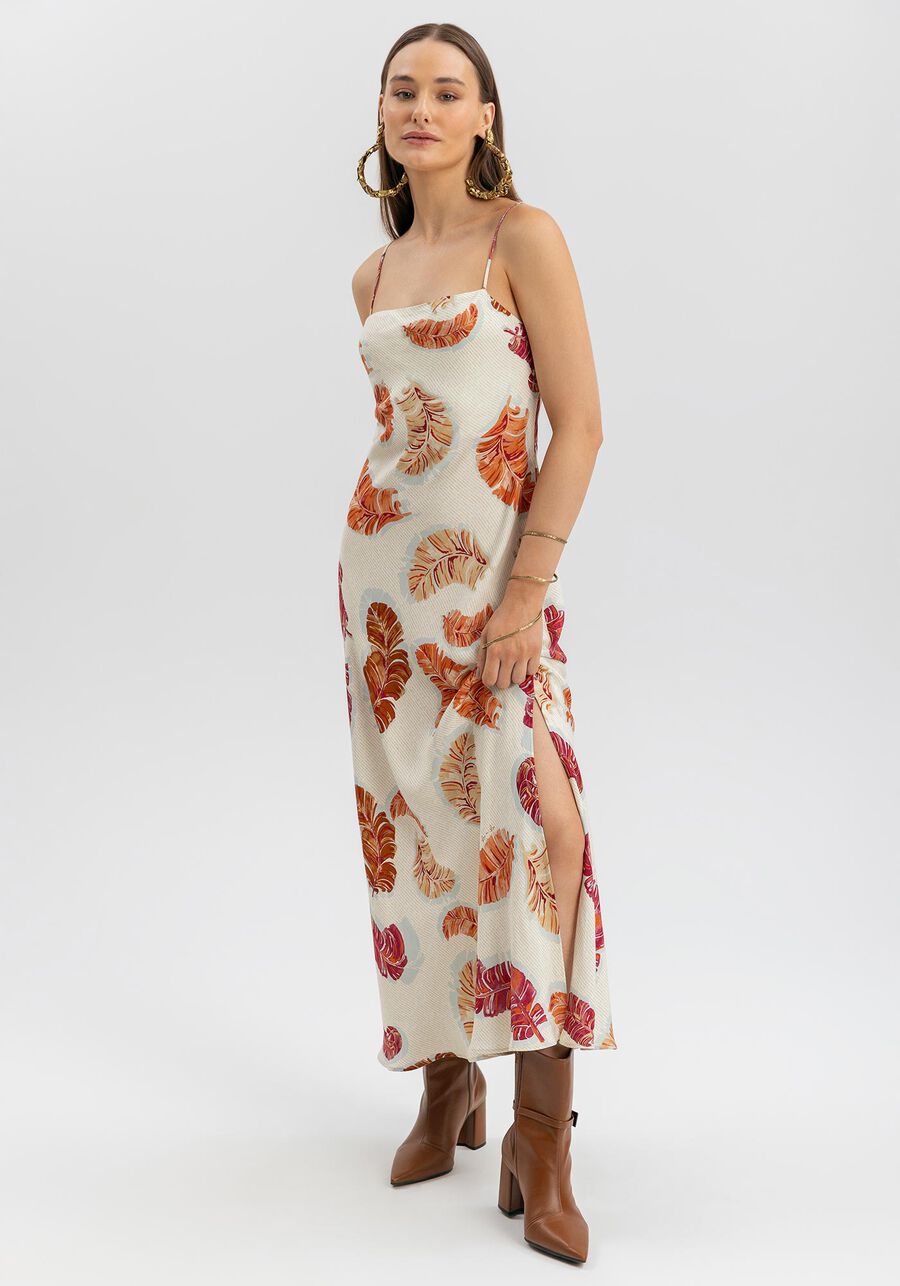 Vestido Estampado De Alças Chá Com Fenda Lateral, BANANEIRA BEGE. Vestido Estampado De Alças Chá Com Fenda Lateral, BANANEIRA BEGE, large.