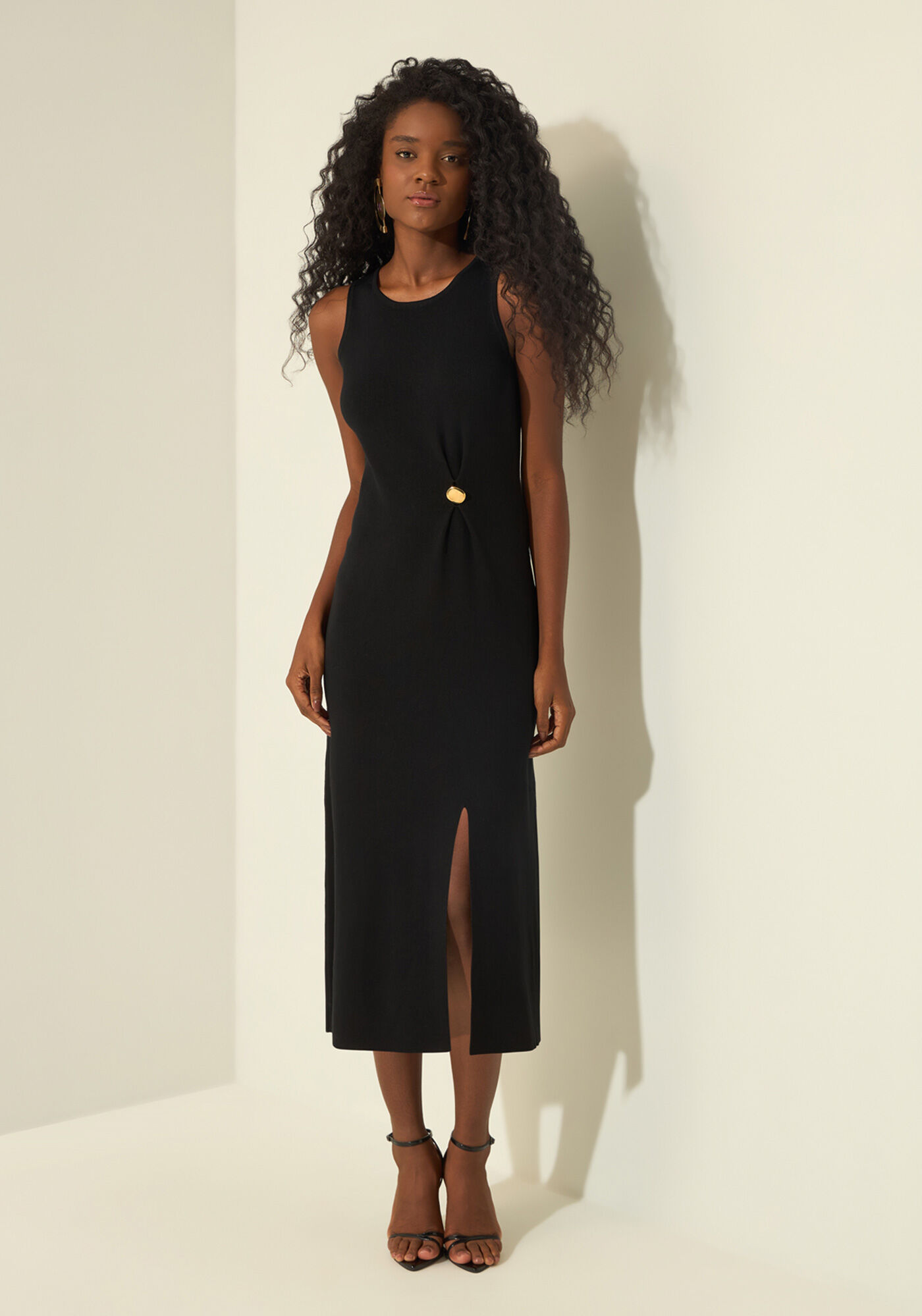 Vestido Ch&aacute; Com Fenda Em Malha Tric&ocirc;, PRETO, large.