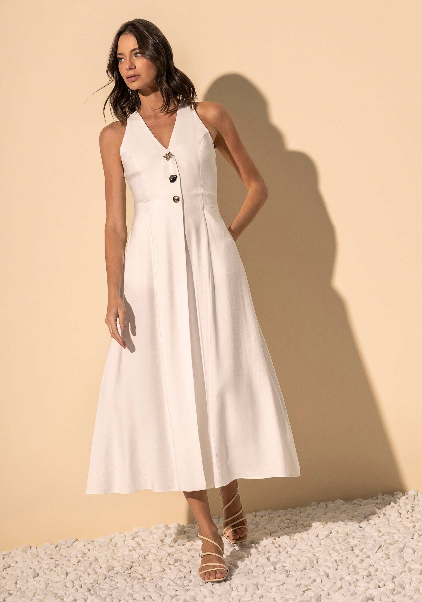 Vestido Evas&ecirc; Com Decote Em V E Z&iacute;per Lateral, BRANCO OFF WHITE, large.