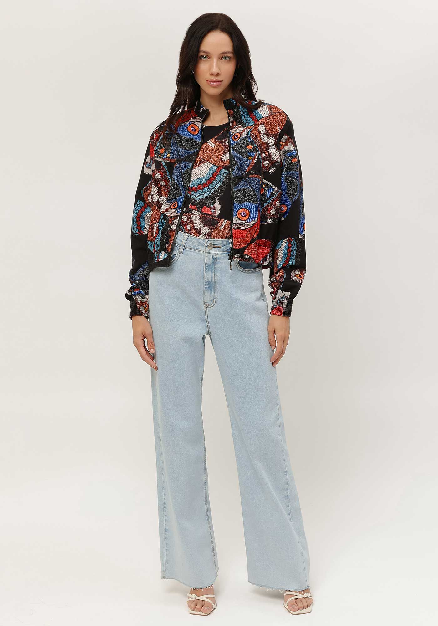 Jaqueta Bomber em Moletom Estampada com Gola Alta, , large.