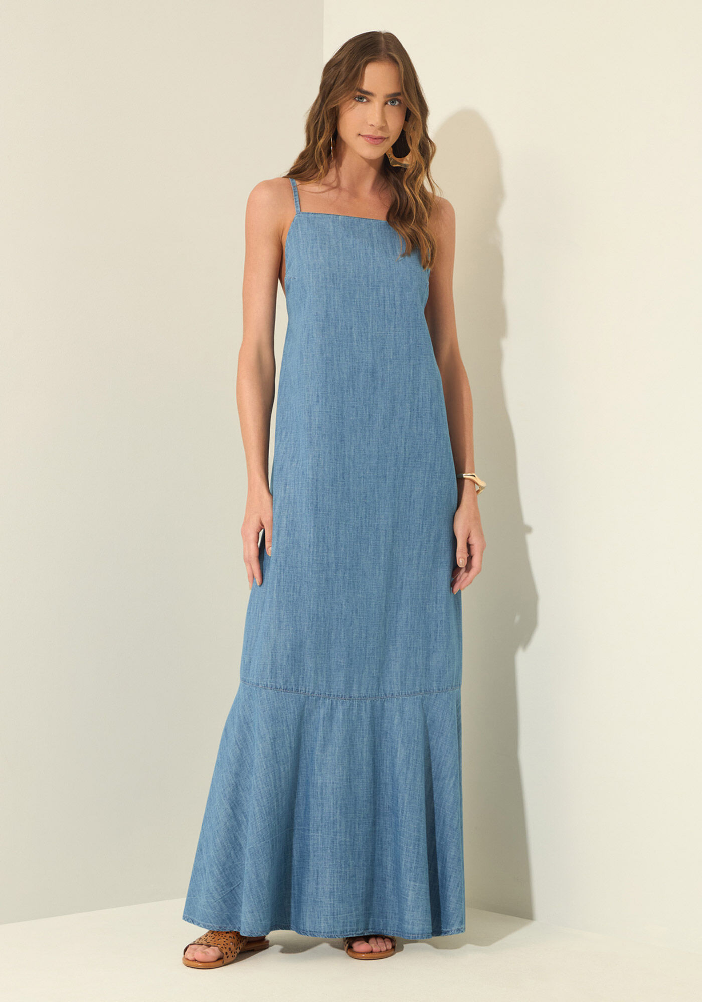 Vestido Jeans Longo De Al&ccedil;as Com Linho, JEANS, large.