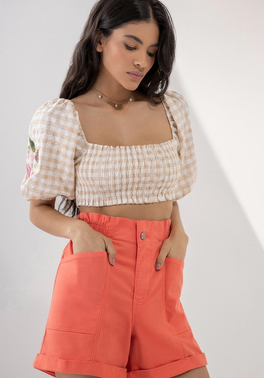 Shorts Sarja com Bolso Sobreposto e Elástico Cós, SALMAO CHILOQUIM. Shorts Sarja com Bolso Sobreposto e Elástico Cós, SALMAO CHILOQUIM, large.