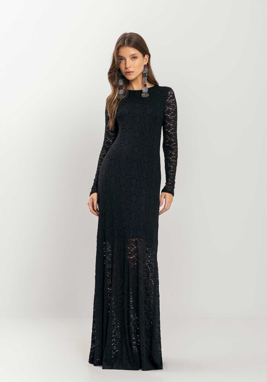 Vestido Longo De Renda Com Forro E Mangas, PRETO. Vestido Longo De Renda Com Forro E Mangas, PRETO, large.