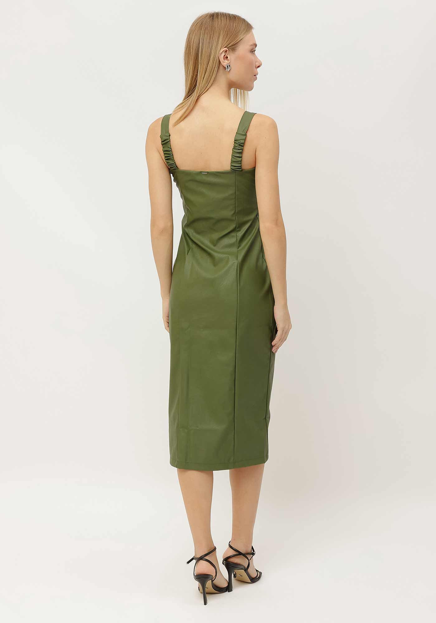 Vestido Midi em PU com Z&iacute;per e Fenda, , large.