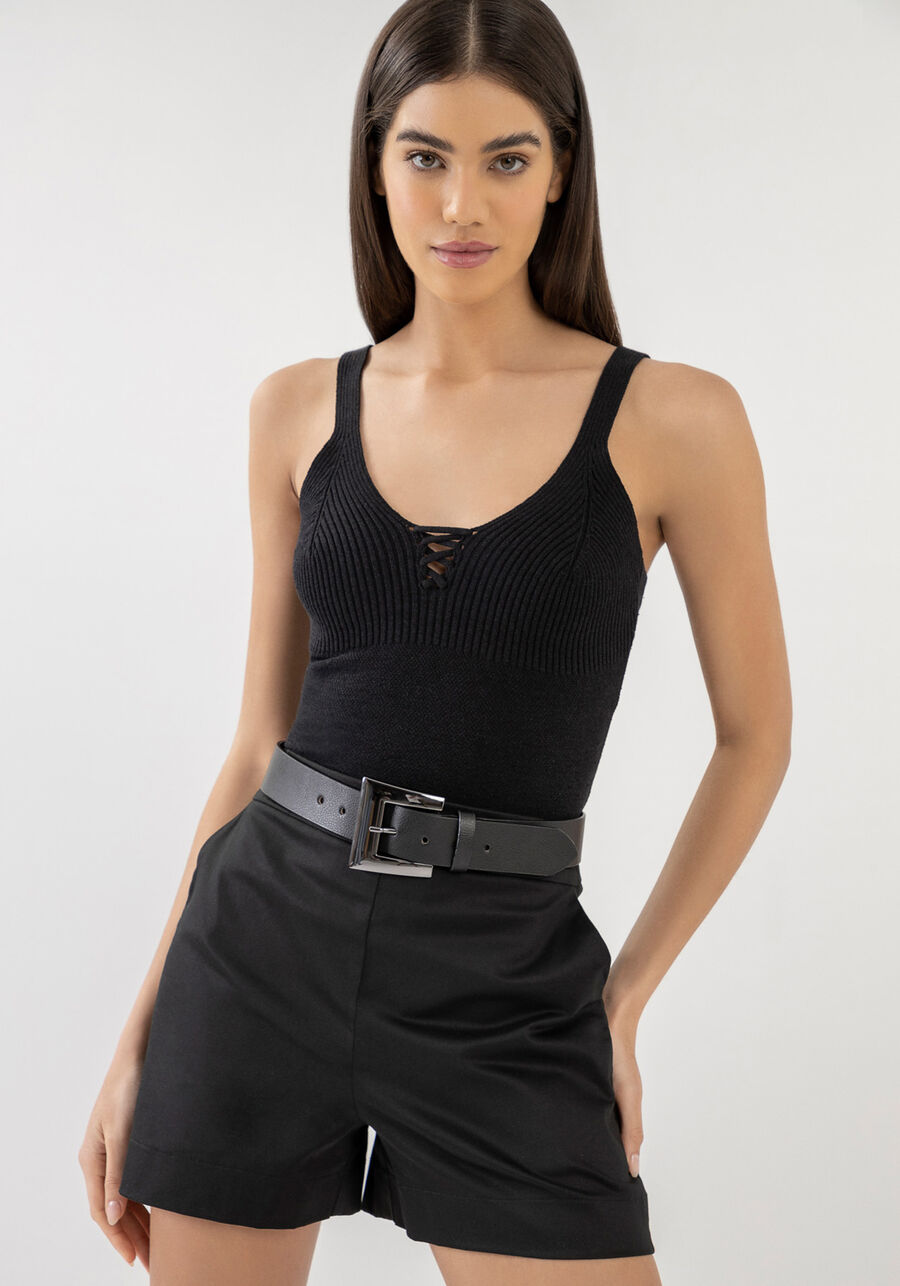 Blusa Cropped em Tricô com Detalhe Busto, PRETO REATIVO. Blusa Cropped em Tricô com Detalhe Busto, PRETO REATIVO, large.