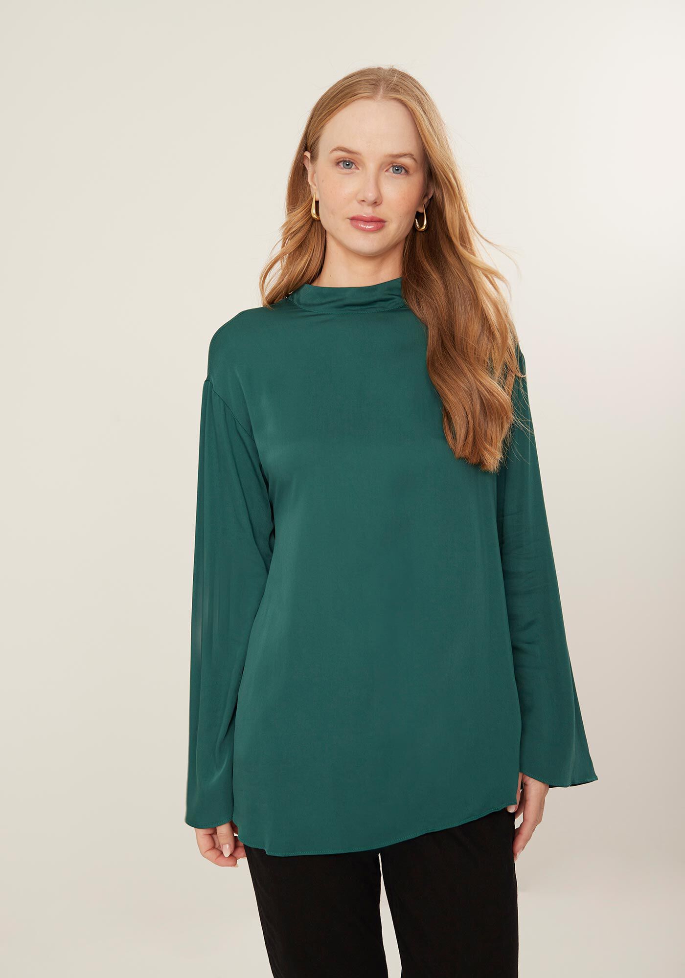 Blusa Alongada De Mangas Com Gola Alta E Amarra&ccedil;&atilde;o, , large.