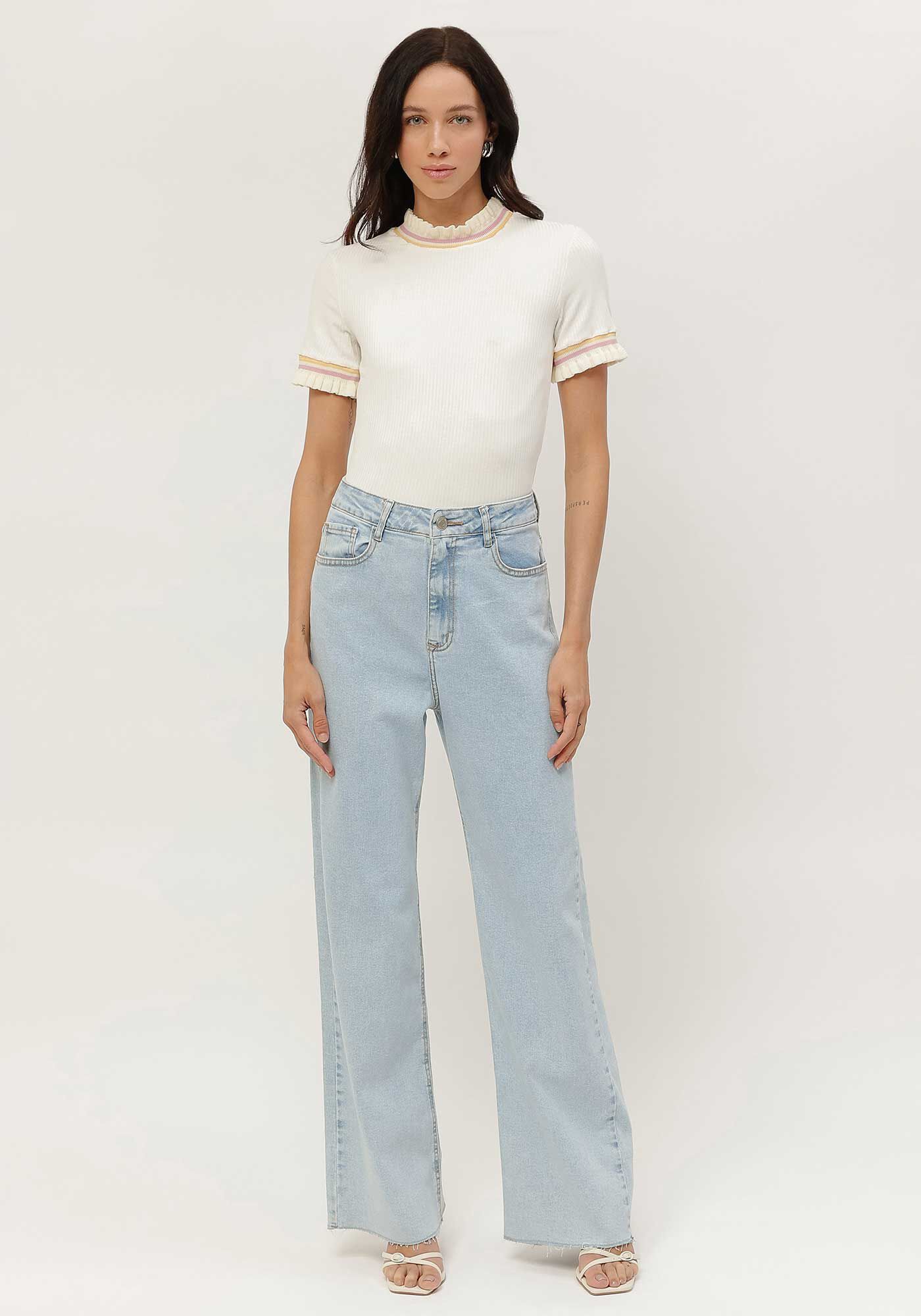 Cal&ccedil;a Jeans Wide Leg Super Alta com Elastano, , large.