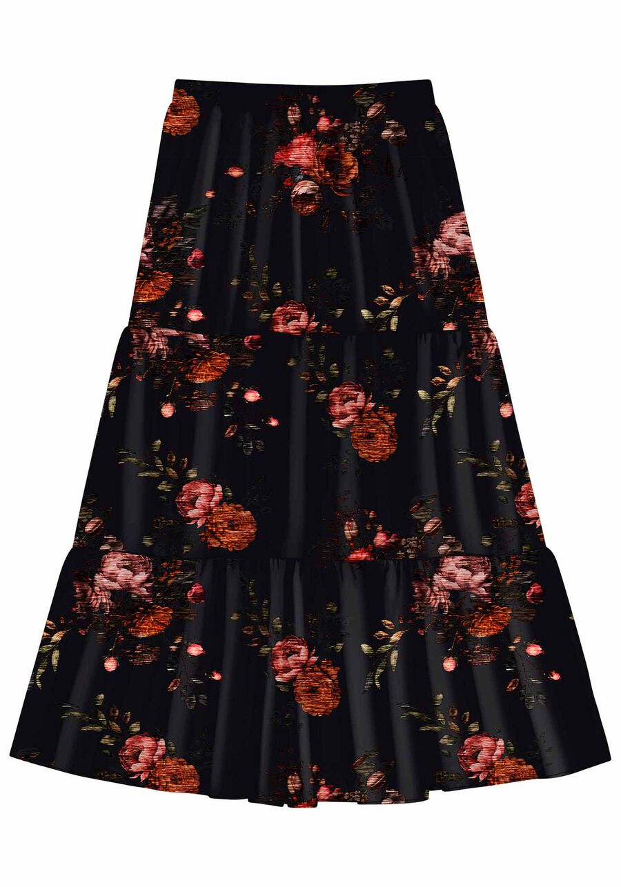Saia Midi Estampada em Viscose com Babados, . Saia Midi Estampada em Viscose com Babados, , large.