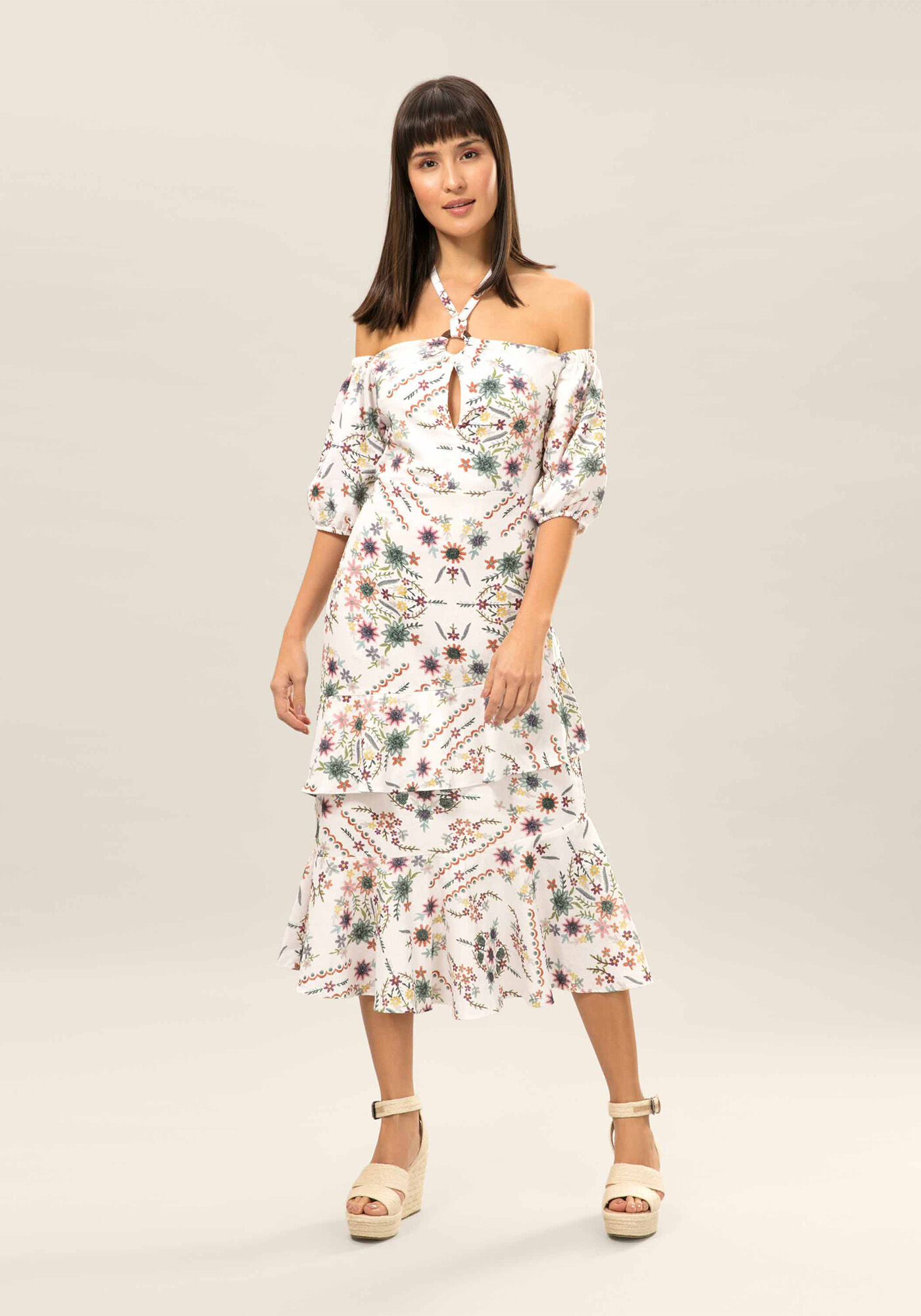 Vestido M&iacute;di Em Linho  Estampa, , large.