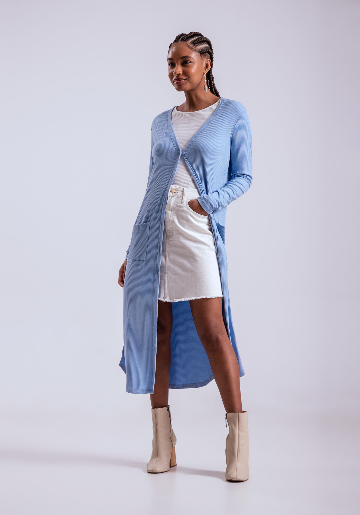 Cardigan Longo Canelado com Bolsos, , large.