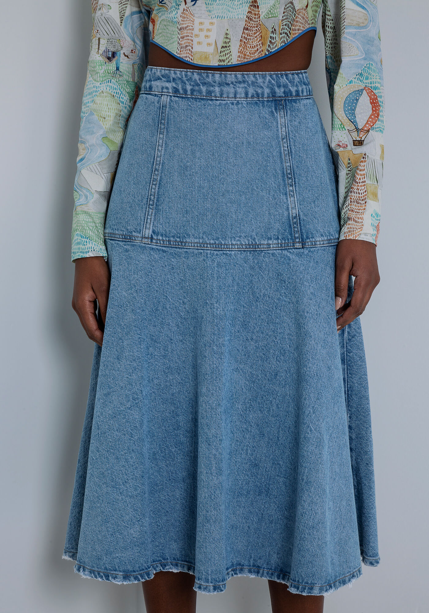 Saia Midi Evas&ecirc; em Jeans com Recortes, JEANS, large.