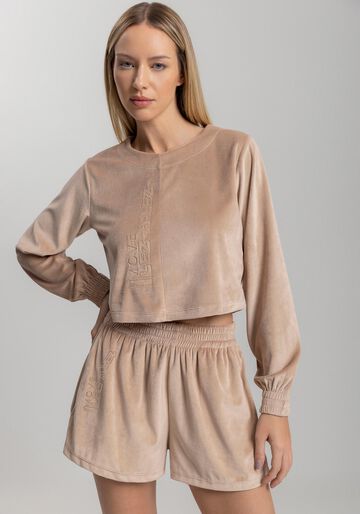 Blusão Cropped De Mangas Longas Em Malha Plush Move, BEGE MUDOC. Blusão Cropped De Mangas Longas Em Malha Plush Move, BEGE MUDOC, large.