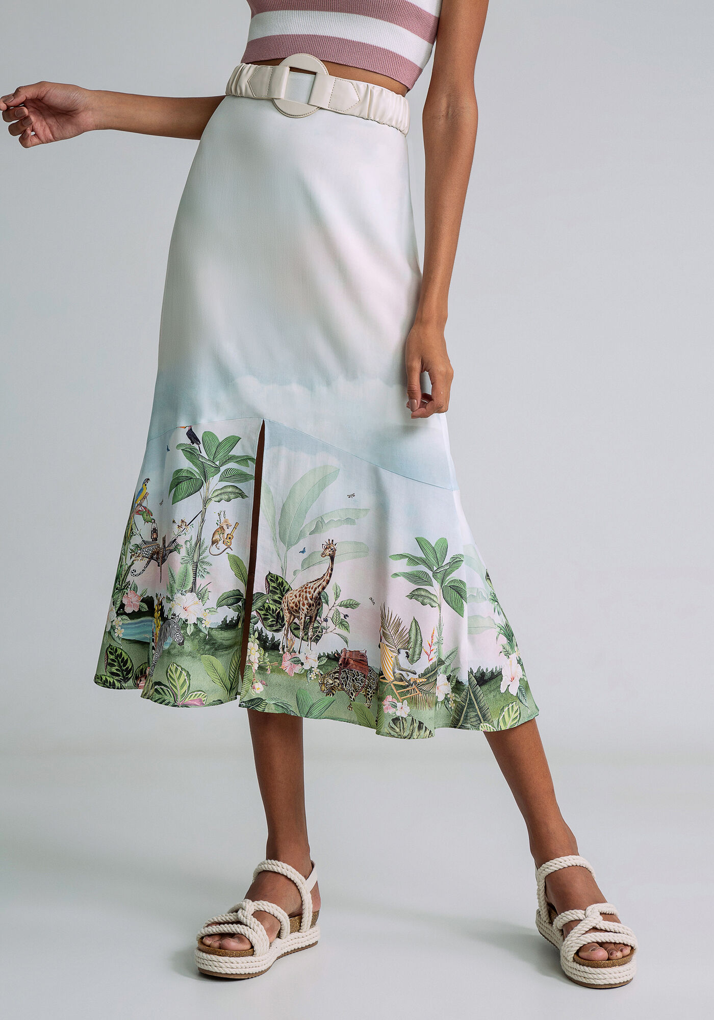 Saia Midi Cintura Alta Fenda, FESTA NA FLORESTA, large.