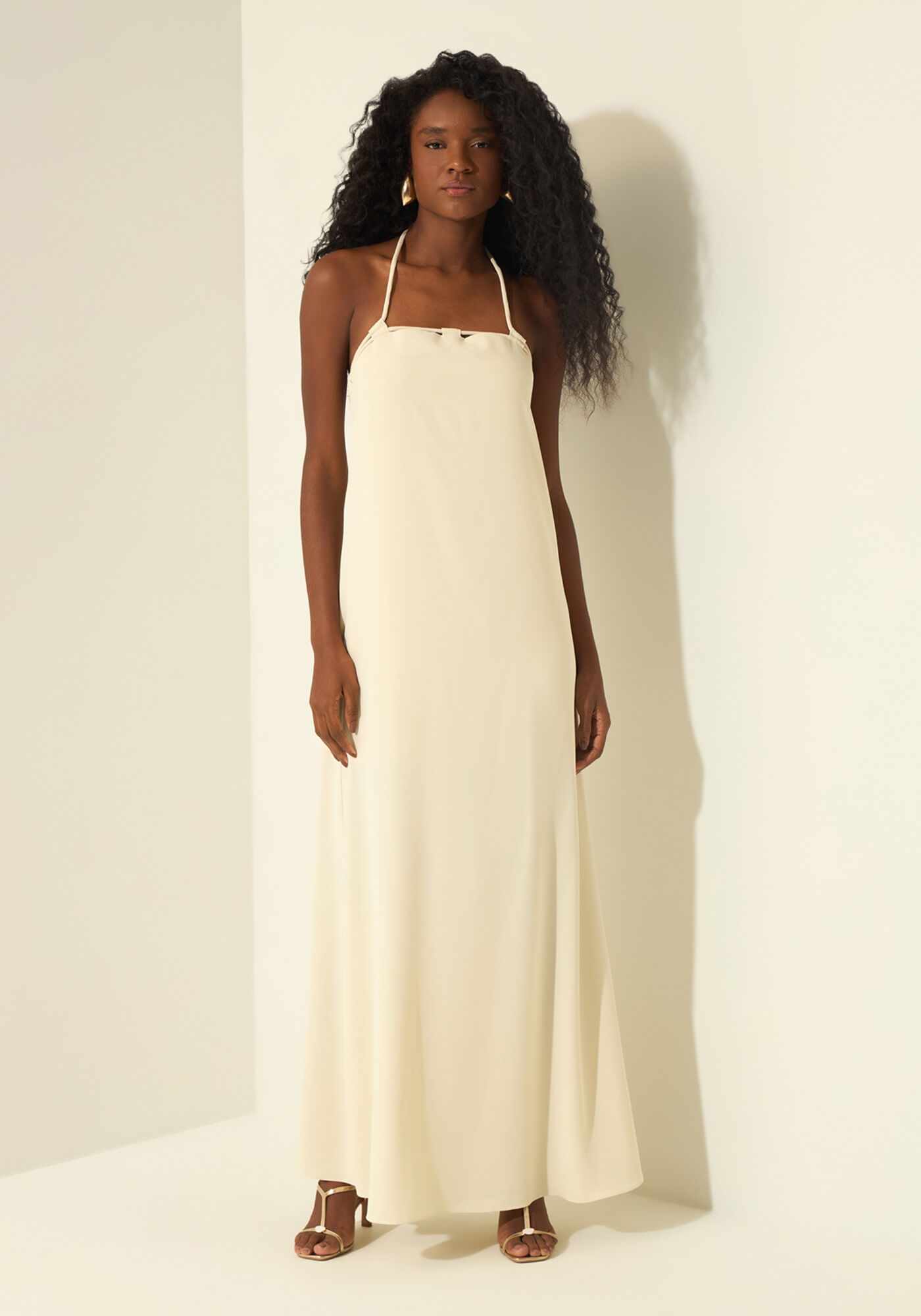 Vestido Longo Frente &Uacute;nica Com Decote Reto, BEGE ALHAMBRA, large.