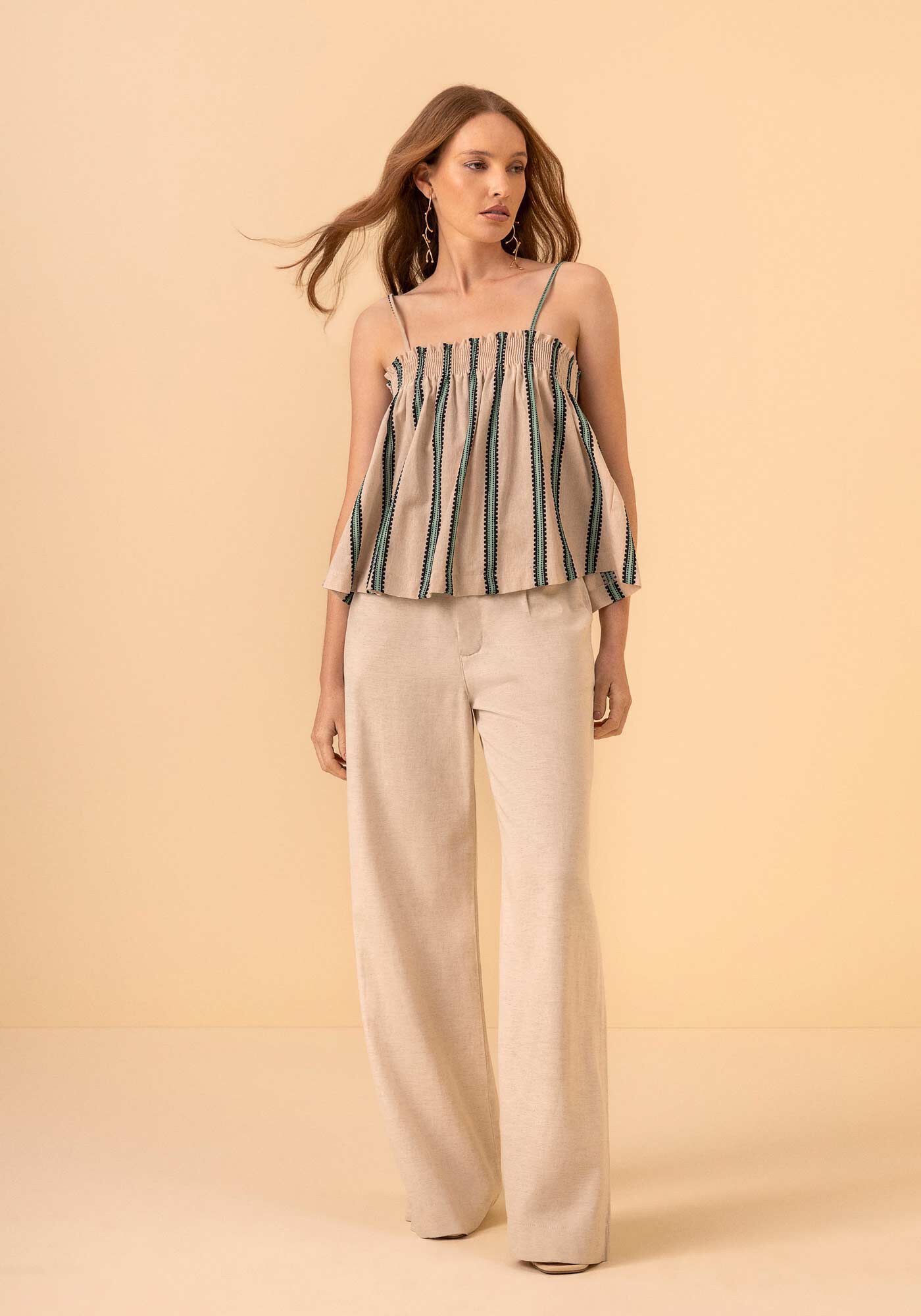 Blusa Listrada De Al&ccedil;as Com El&aacute;stico Em Algod&atilde;o Respons&aacute;vel, VERDE SABEDORIA, large.