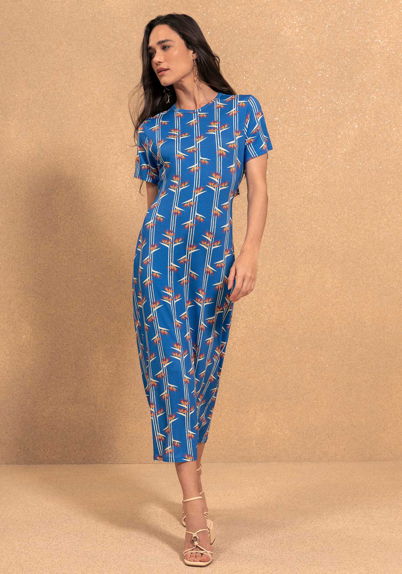 Vestido Midi Estampado De Manga Curta Com Recorte Nas Costas, STRELIZIA MINI AZUL, large.