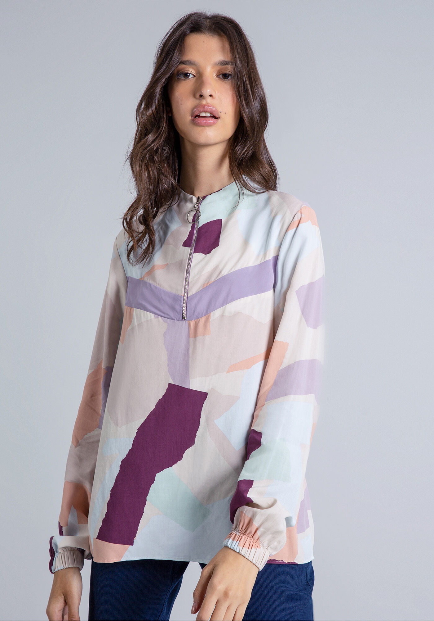 Blusa Manga Longa Z&iacute;per Estampa, , large.