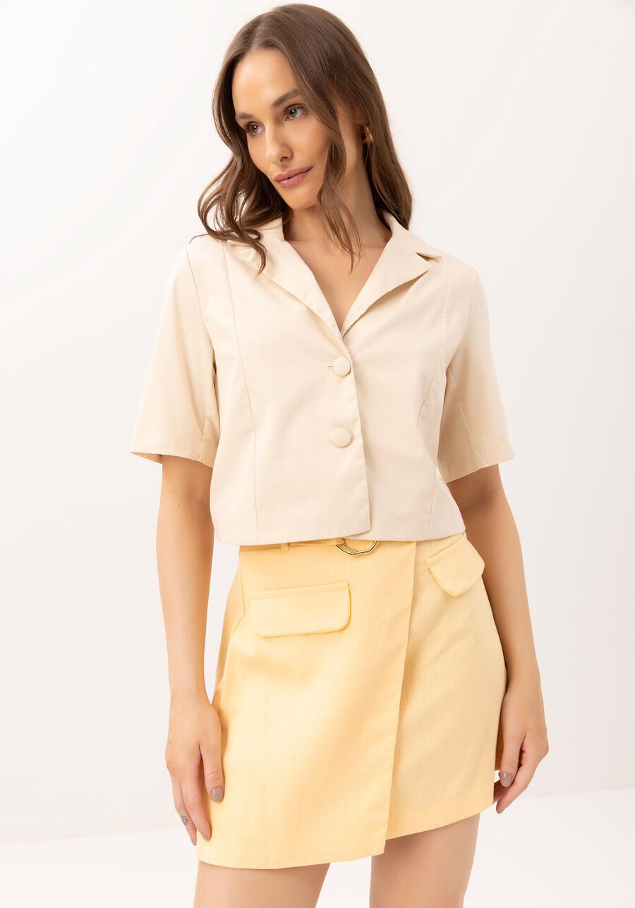 Blusa Cropped Alfaiataria em Cotton Sarjado com Manga Curta, CREME ANGORA. Blusa Cropped Alfaiataria em Cotton Sarjado com Manga Curta, CREME ANGORA, large.