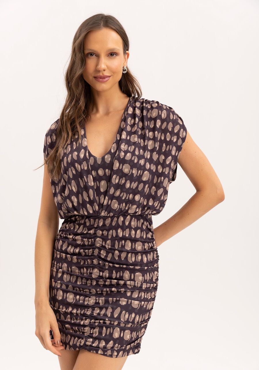 Vestido Curto Estampado com Franzido, . Vestido Curto Estampado com Franzido, , large.